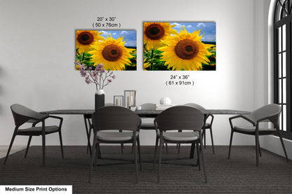 a dining room table with four chairs and a vase of sunflowers