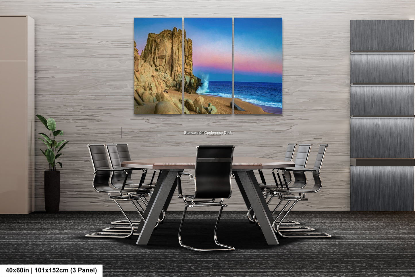 a dining room table with chairs and a painting on the wall