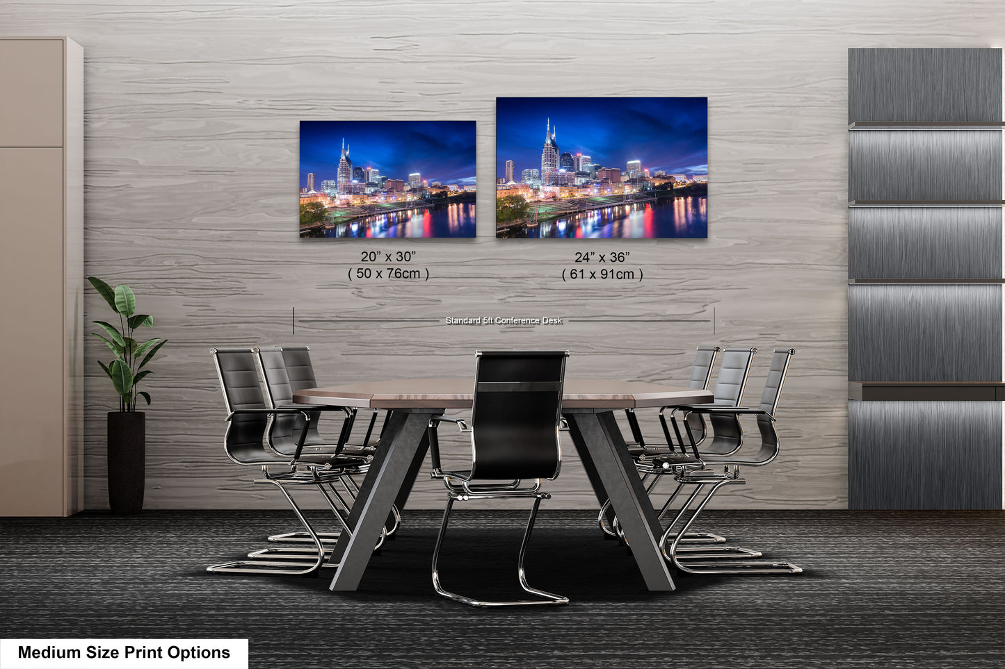 a dining room table with chairs and a picture of a city