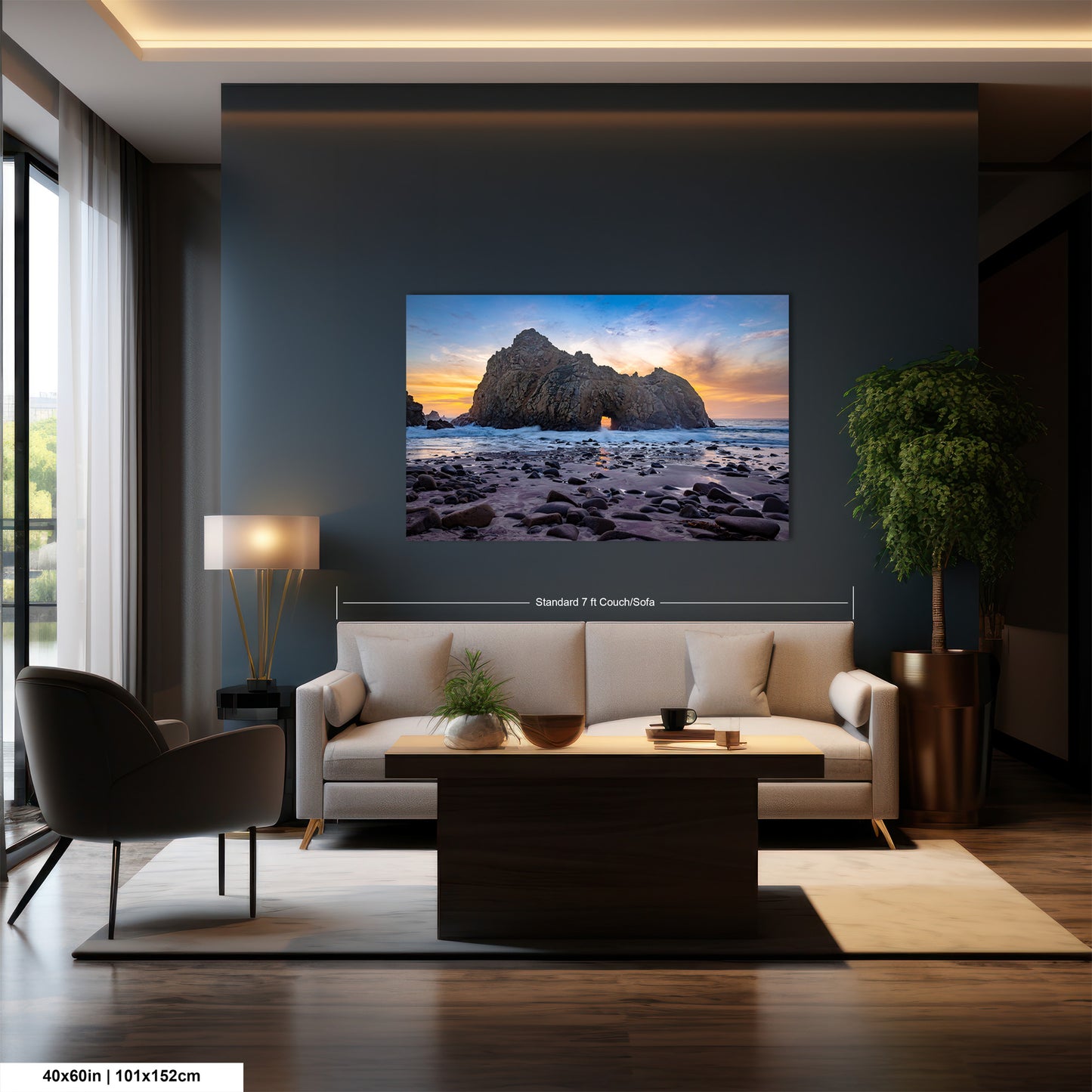 a living room with a large painting on the wall