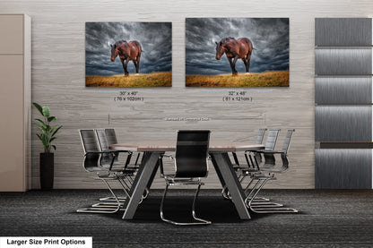 a dining room table with chairs and two pictures of a horse