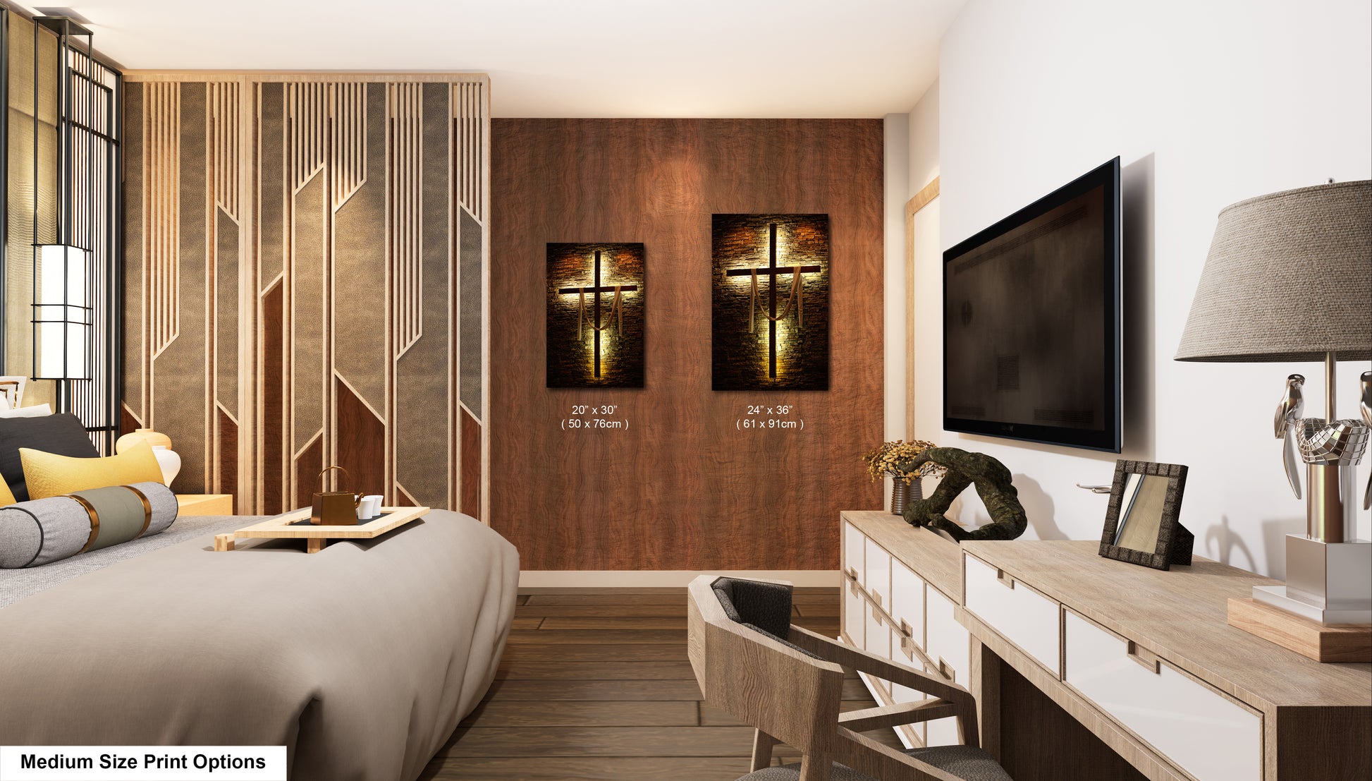 a bed room with a neatly made bed and a flat screen tv