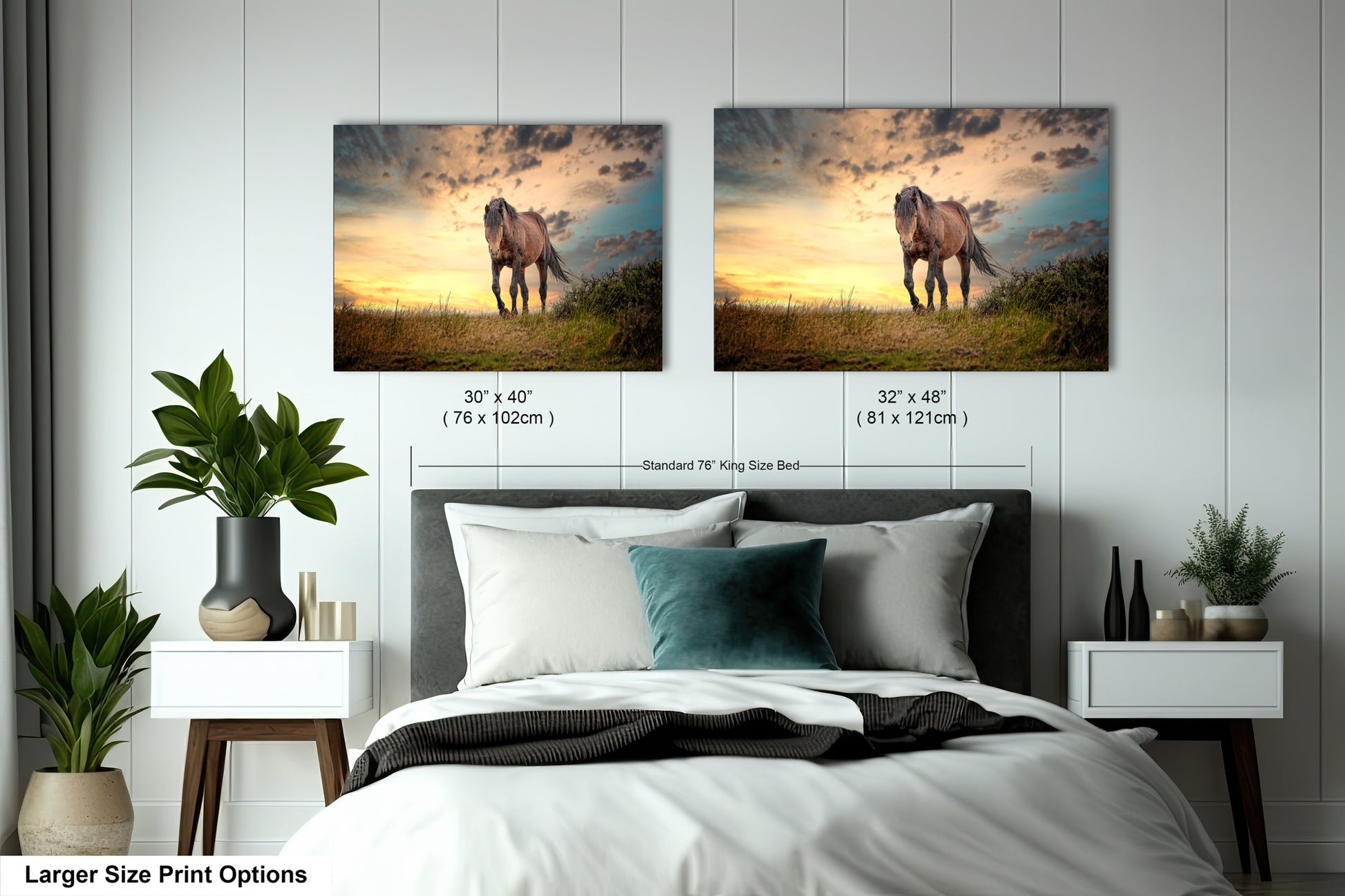 a bed room with two pictures of horses on the wall
