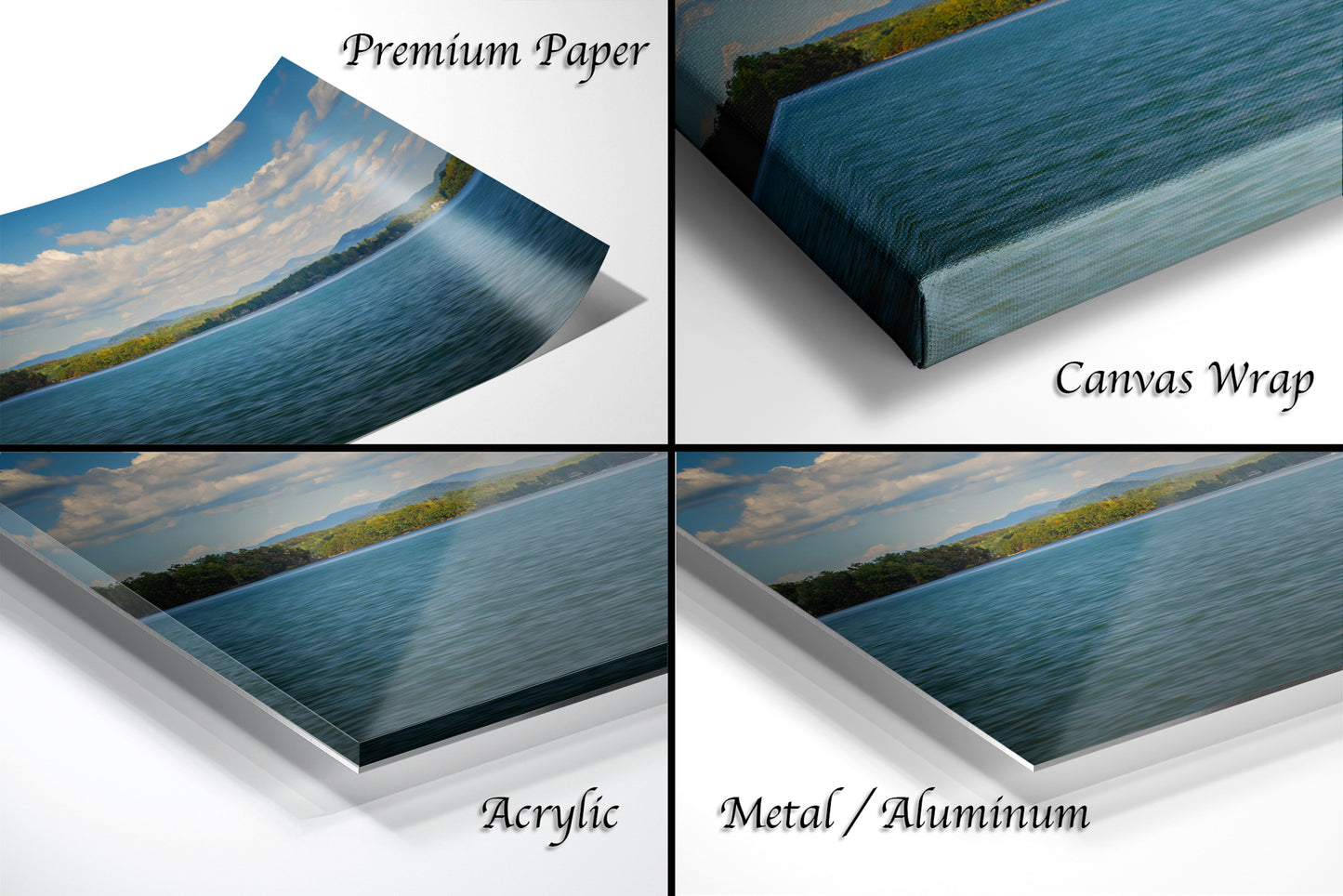 The image is a collage of four different views of a landscape, including a premium paper print, a canvas wrap, an acrylic print, and a metal/aluminum print.
