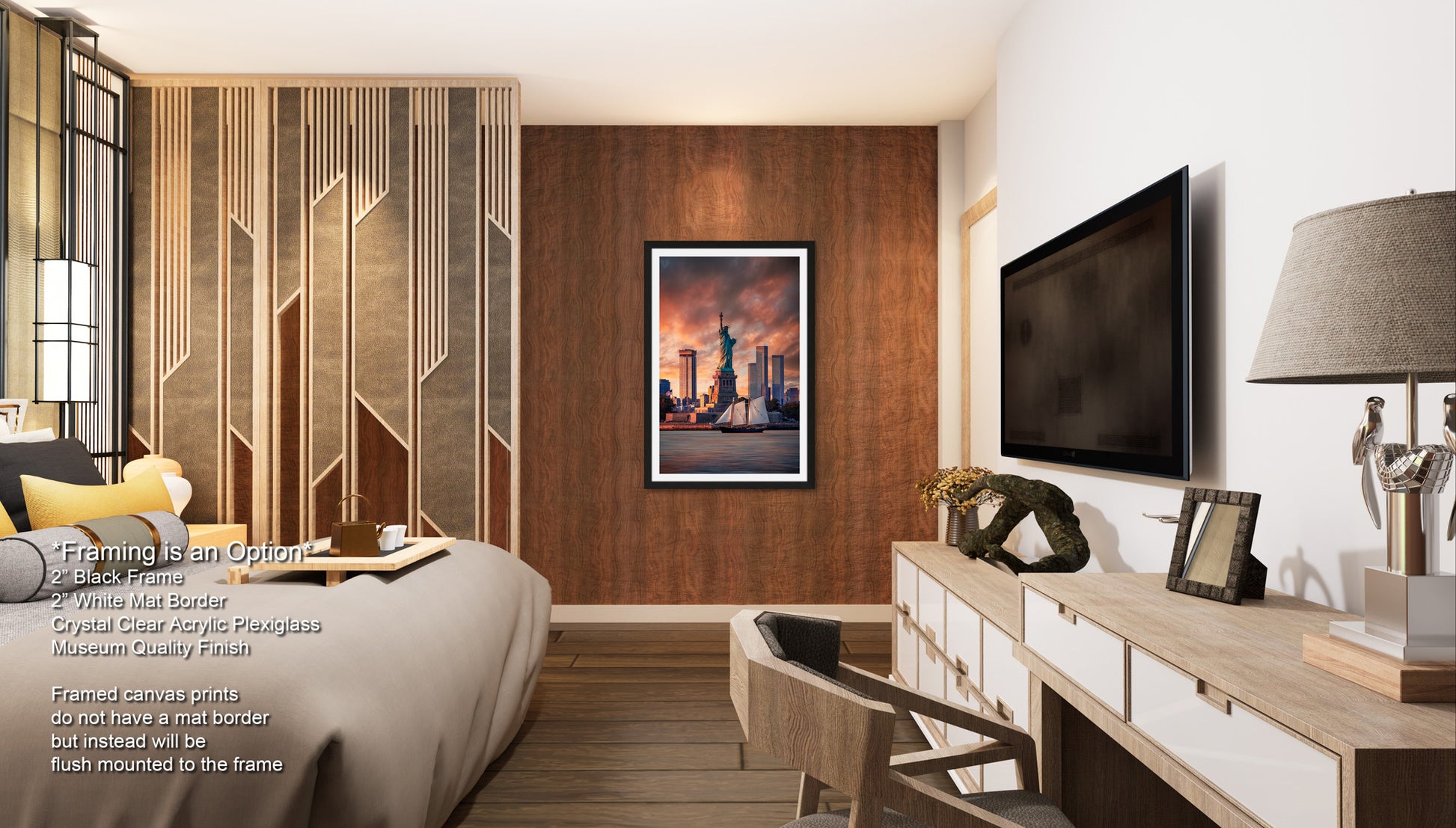 a hotel room with a bed, desk and television