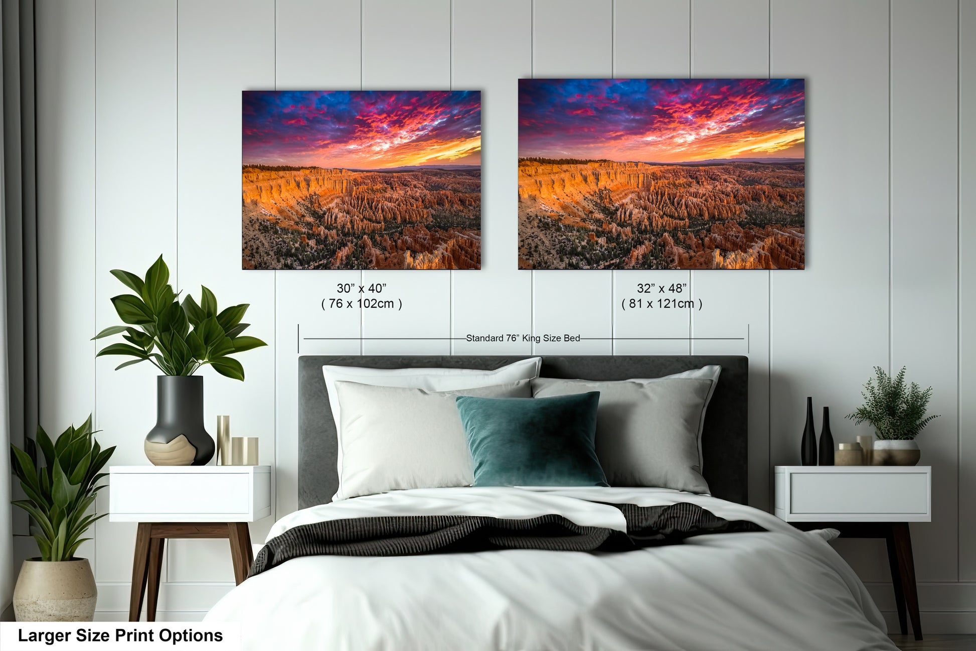 a bedroom with a bed and two pictures on the wall