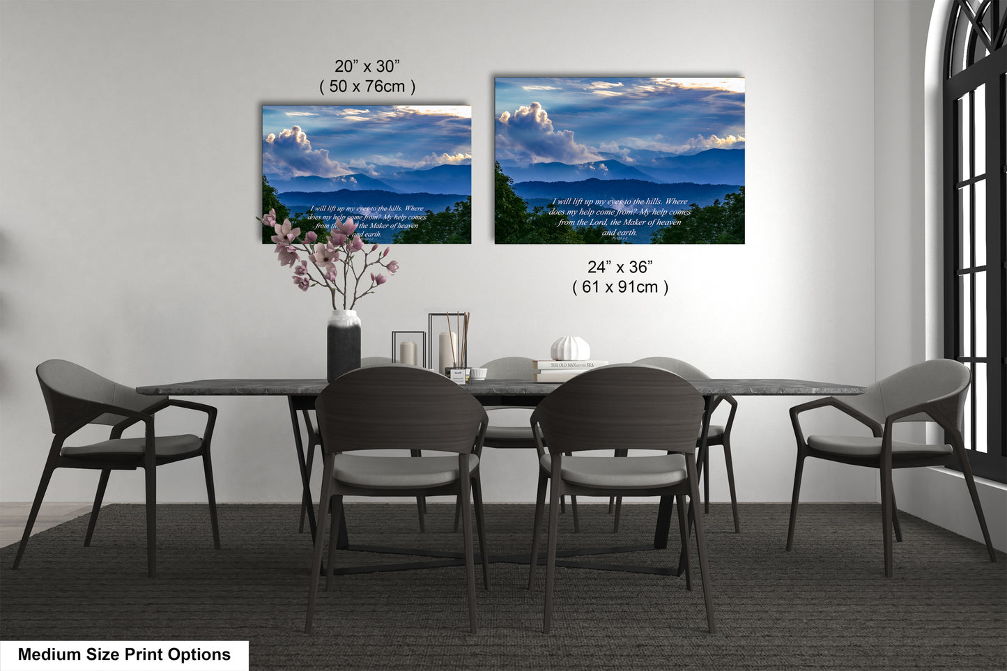 a dining room table with chairs and a vase of flowers