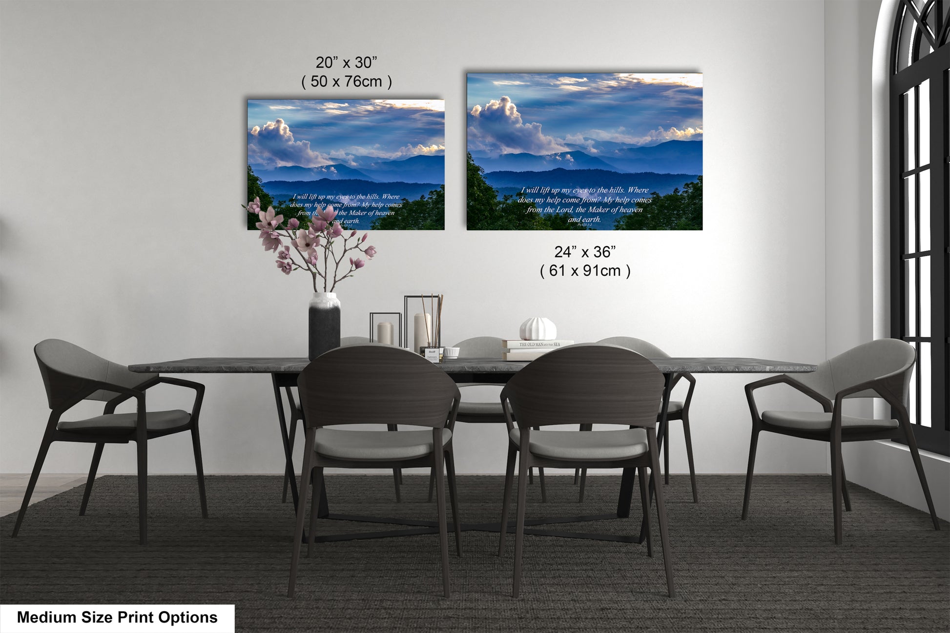 a dining room table with chairs and a vase of flowers