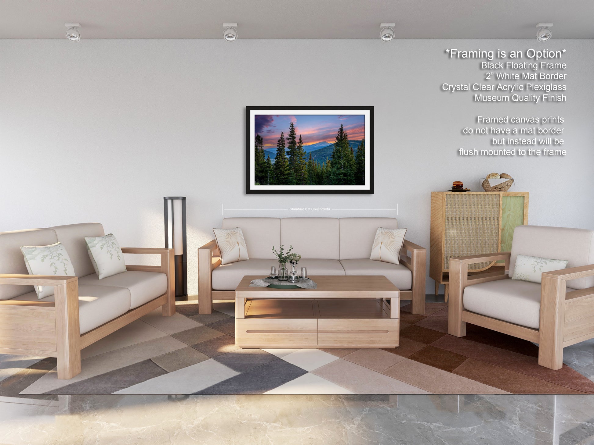 a modern living room with a large framed landscape painting hanging on the wall. The room is furnished with a sofa, two armchairs, and a coffee table, creating a comfortable and inviting atmosphere.