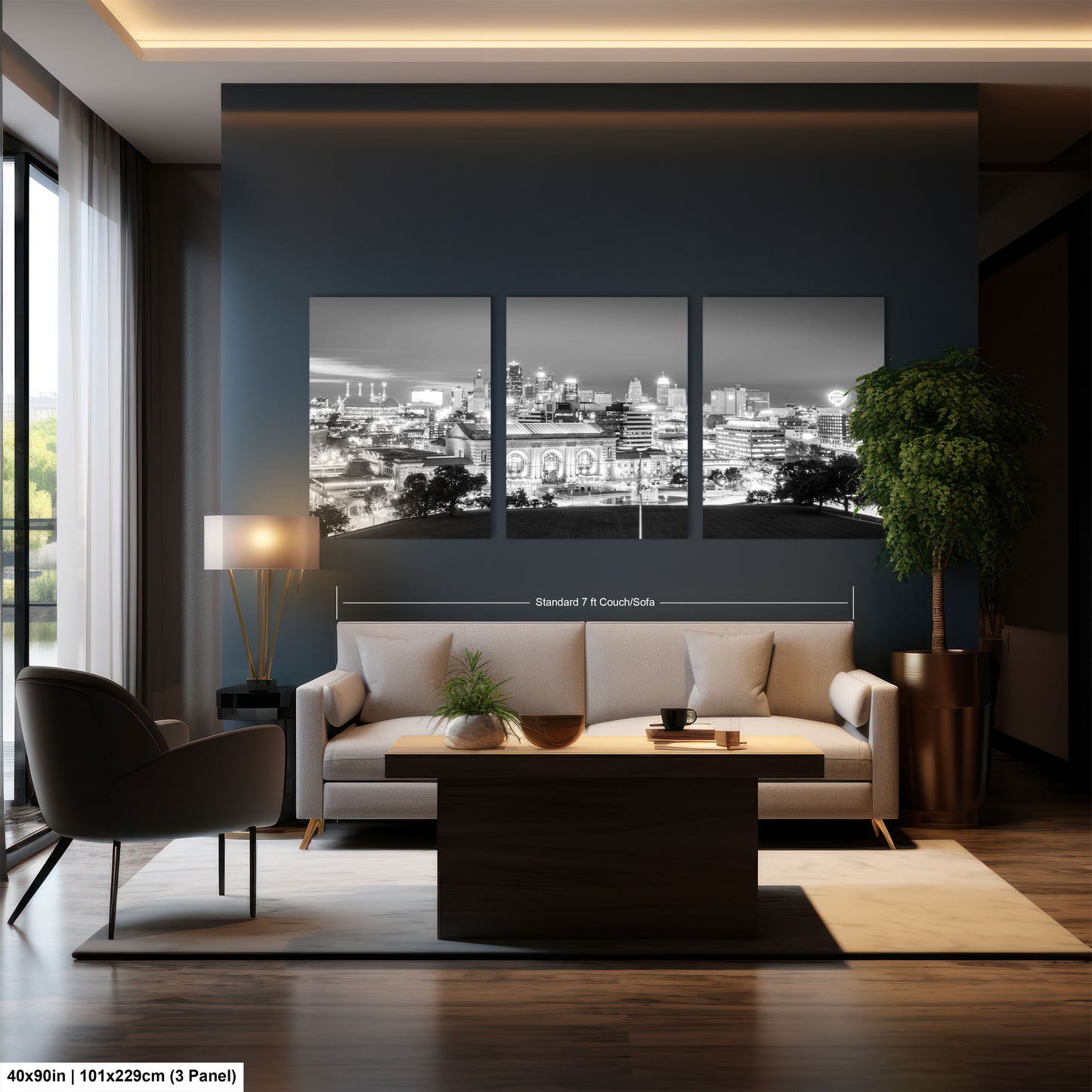 a living room filled with furniture and a large window
