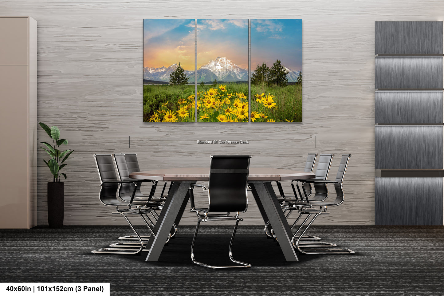 a dining room table with chairs and a large painting on the wall