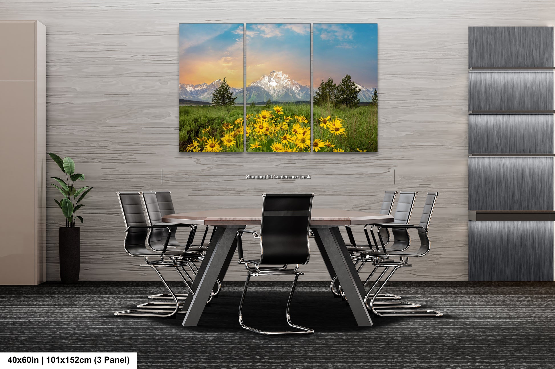 a dining room table with chairs and a large painting on the wall