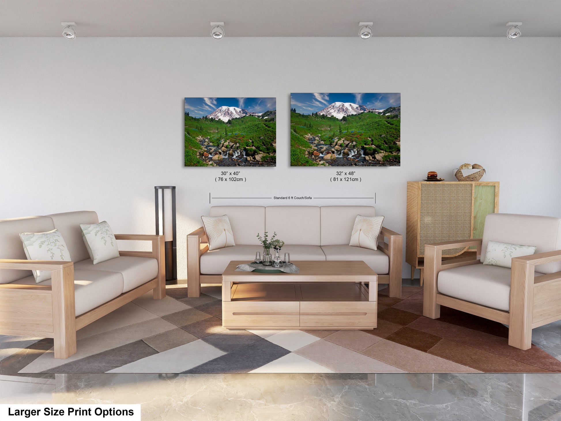 a living room with two pictures on the wall