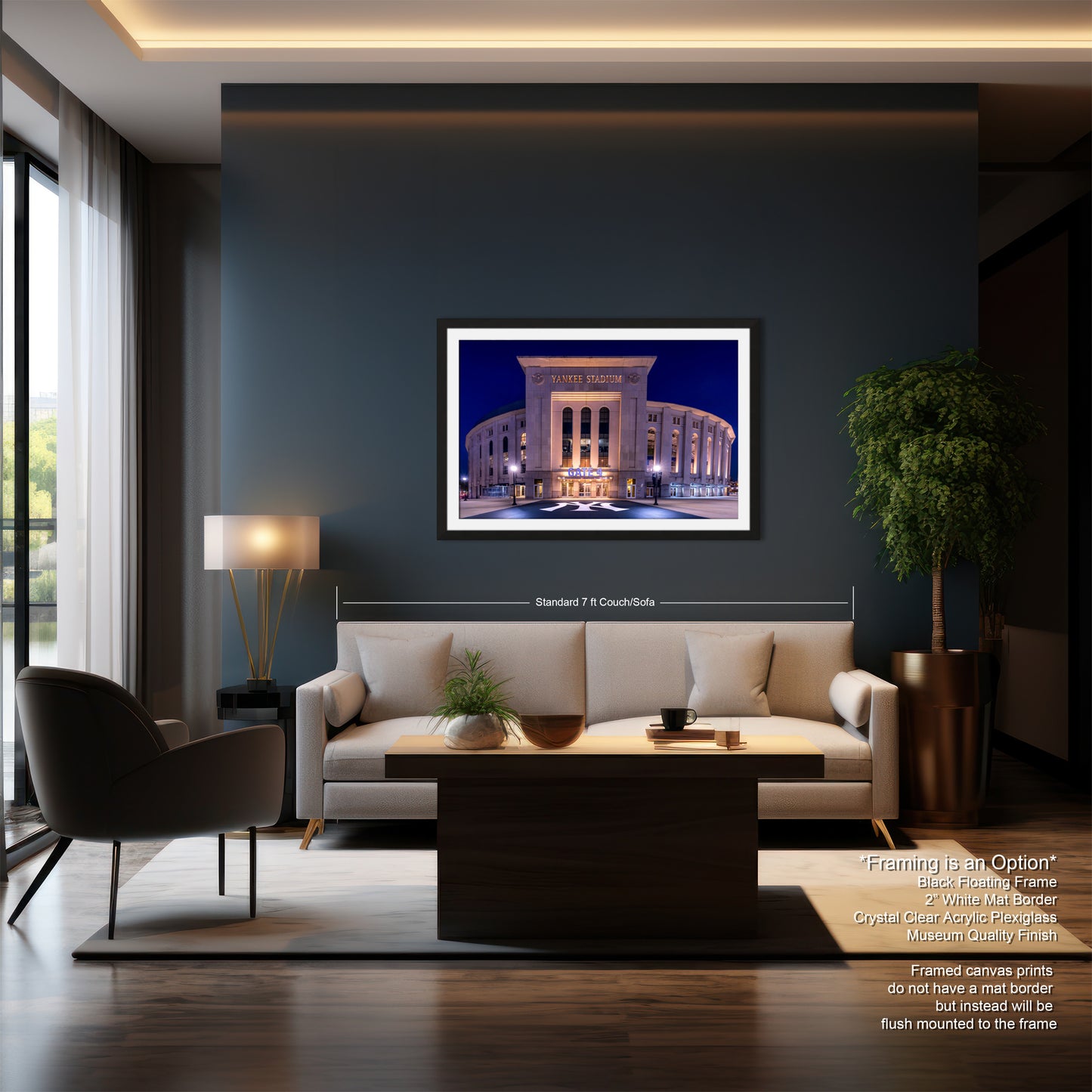 a modern living room with a large framed picture of the Yankee Stadium in New York City hanging on the wall. The room has a gray sofa, a wooden coffee table, and a large window that allows natural light to enter the space.