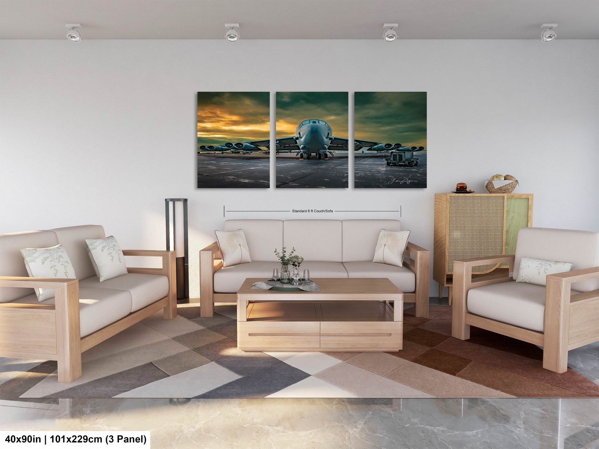 a living room filled with furniture and a painting on the wall