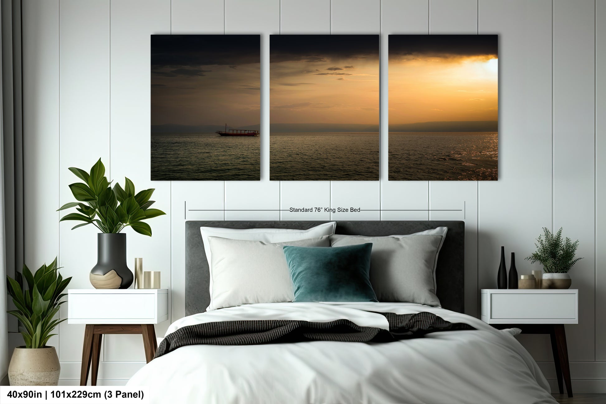 a bedroom with a bed and two paintings on the wall