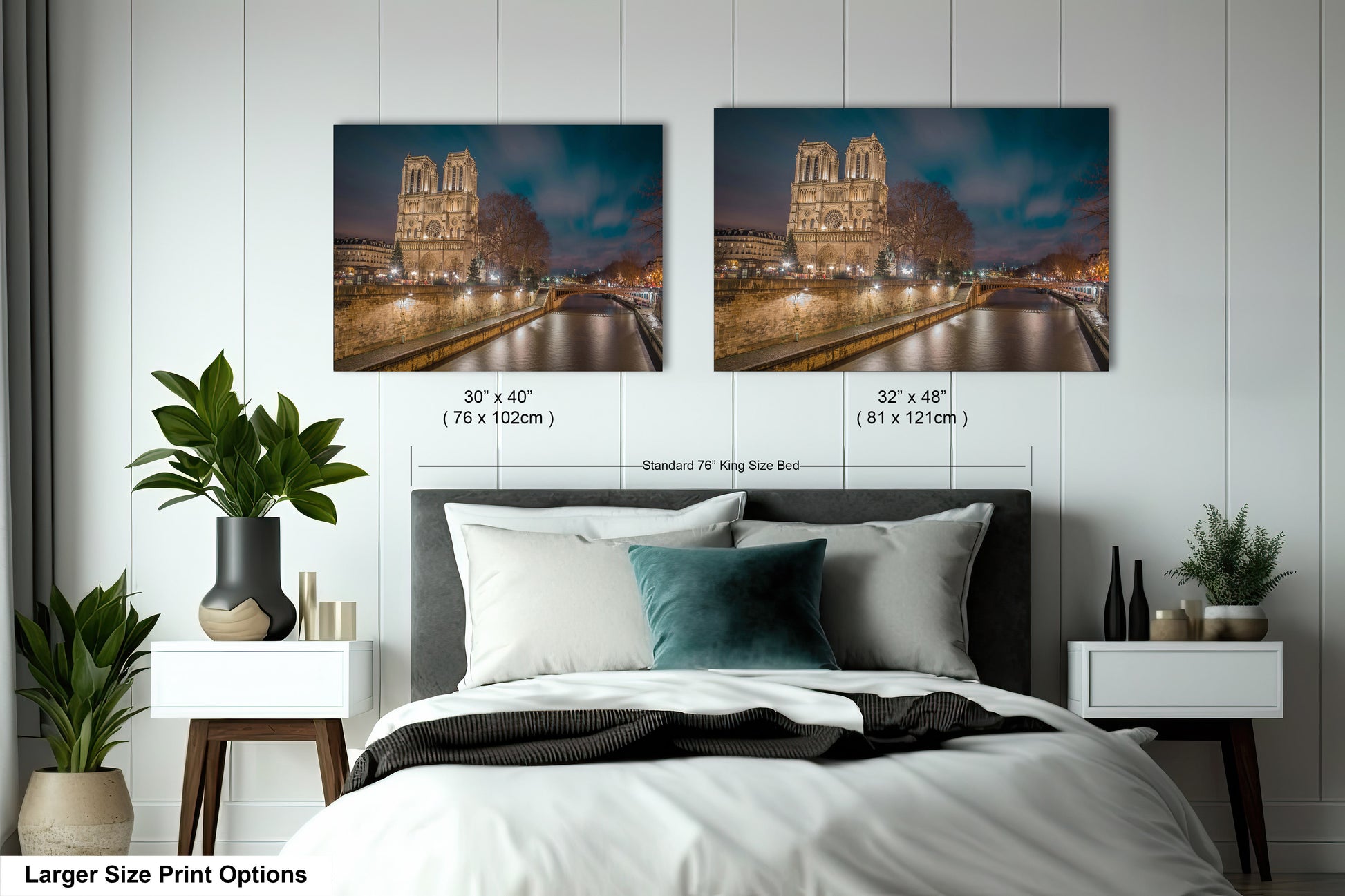 a bedroom with a bed and two pictures on the wall