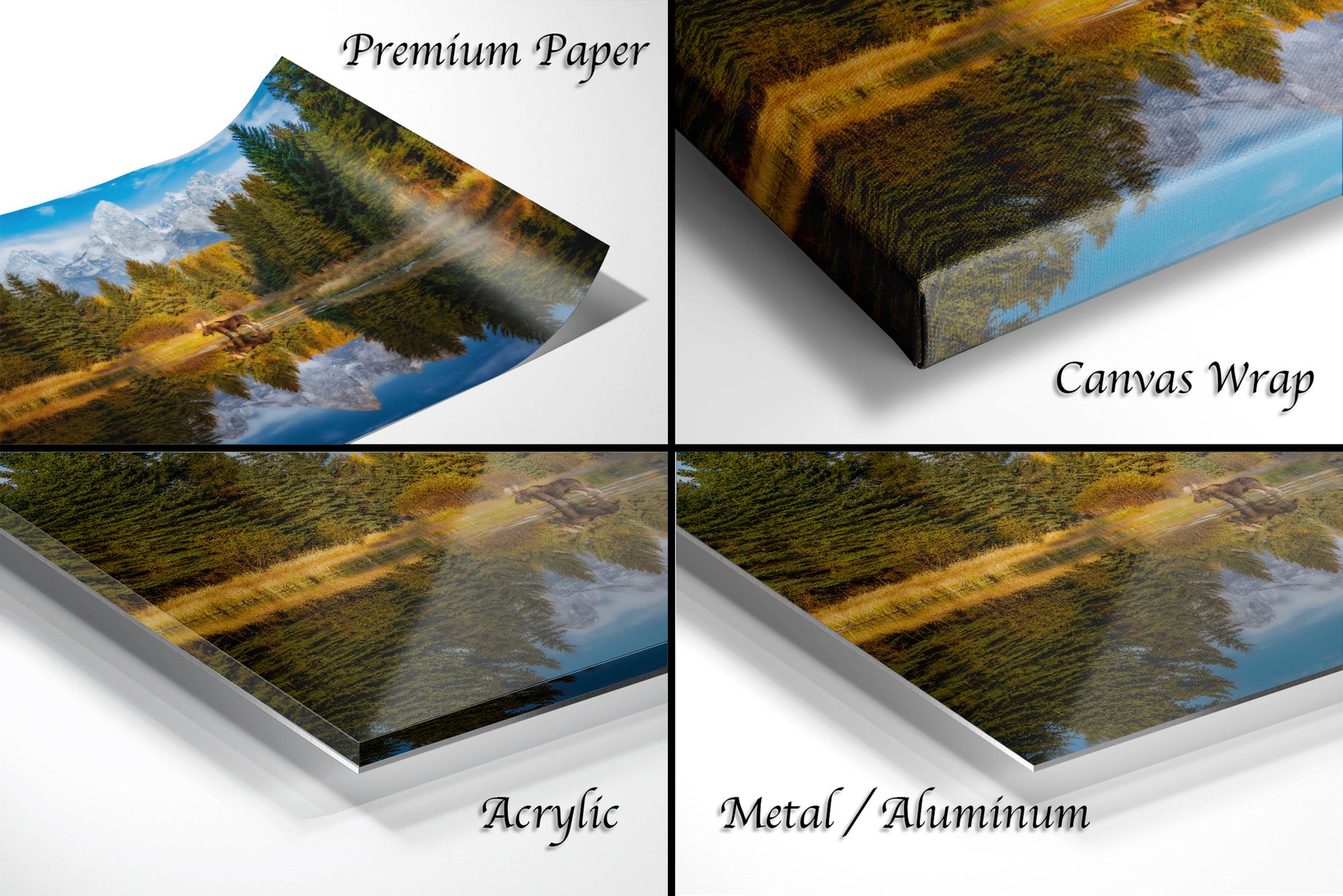 a series of four images of a lake and trees