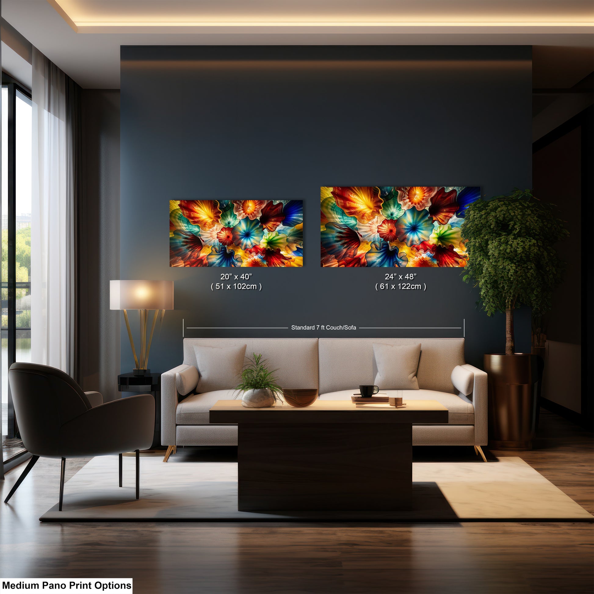 a modern living room with a large abstract painting of colorful flowers on the wall, a white sofa, a wooden coffee table, and a large window.
