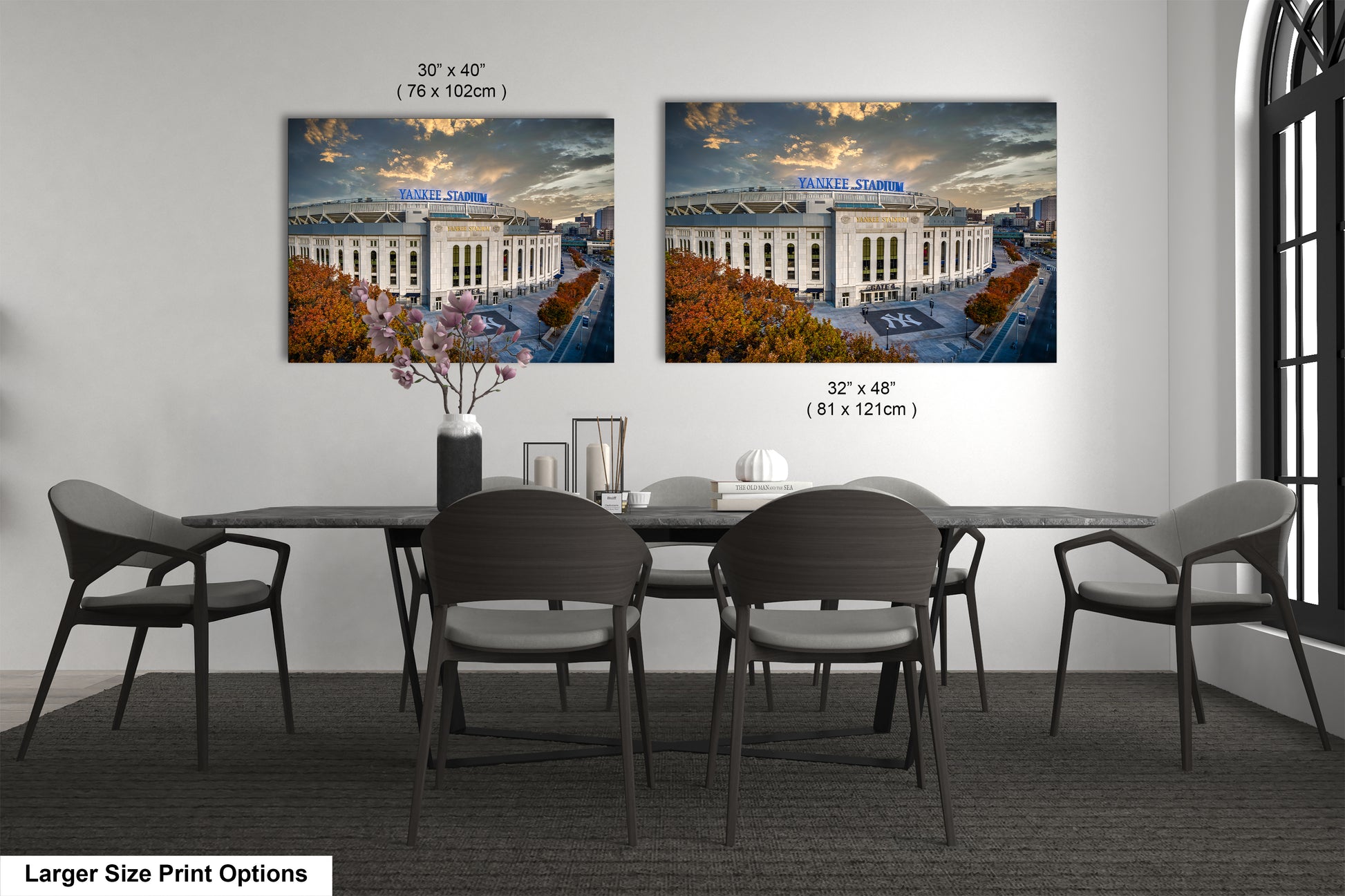 a dining room with a table and chairs