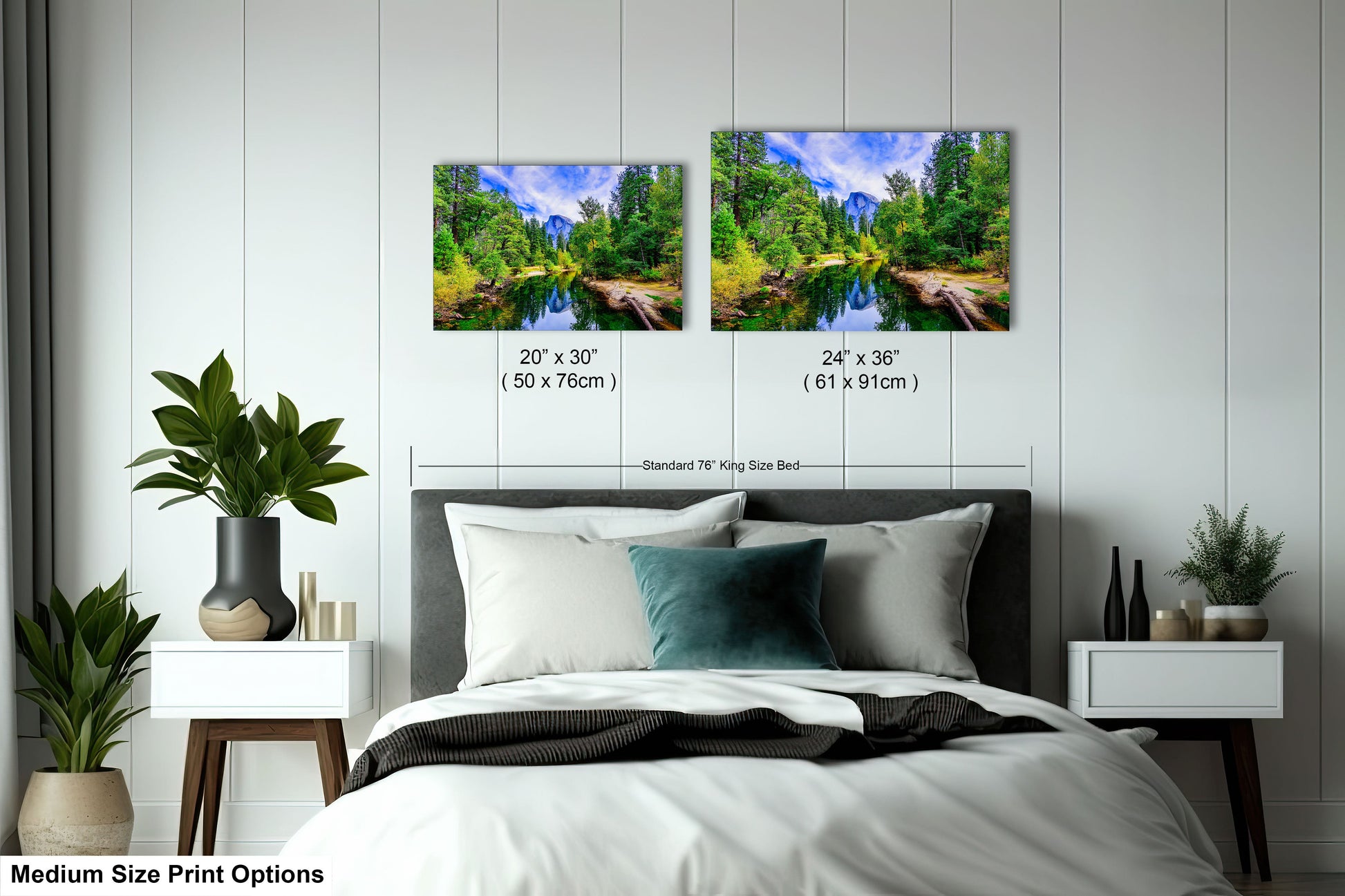 a bed room with a neatly made bed and two pictures on the wall
