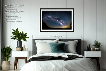 a bedroom with a bed and a night sky