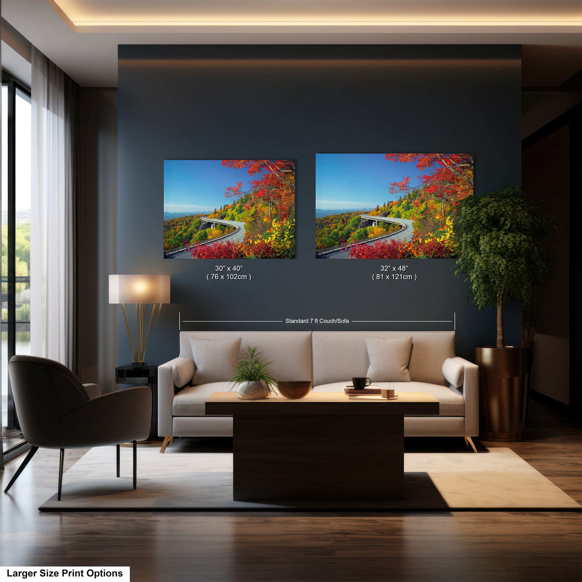 a living room with two paintings on the wall