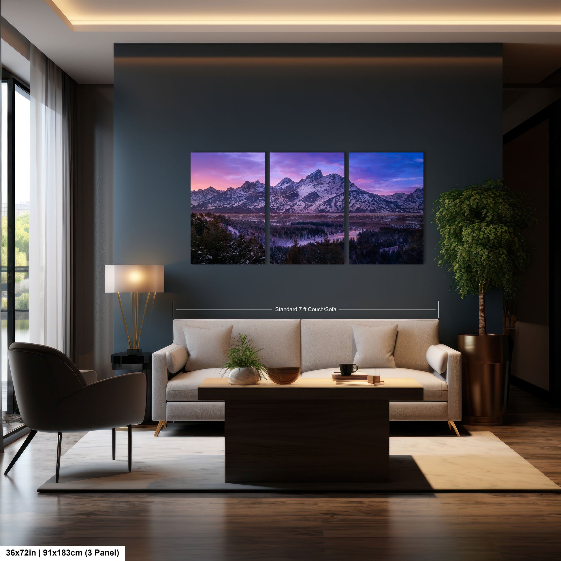 a living room filled with furniture and a painting on the wall