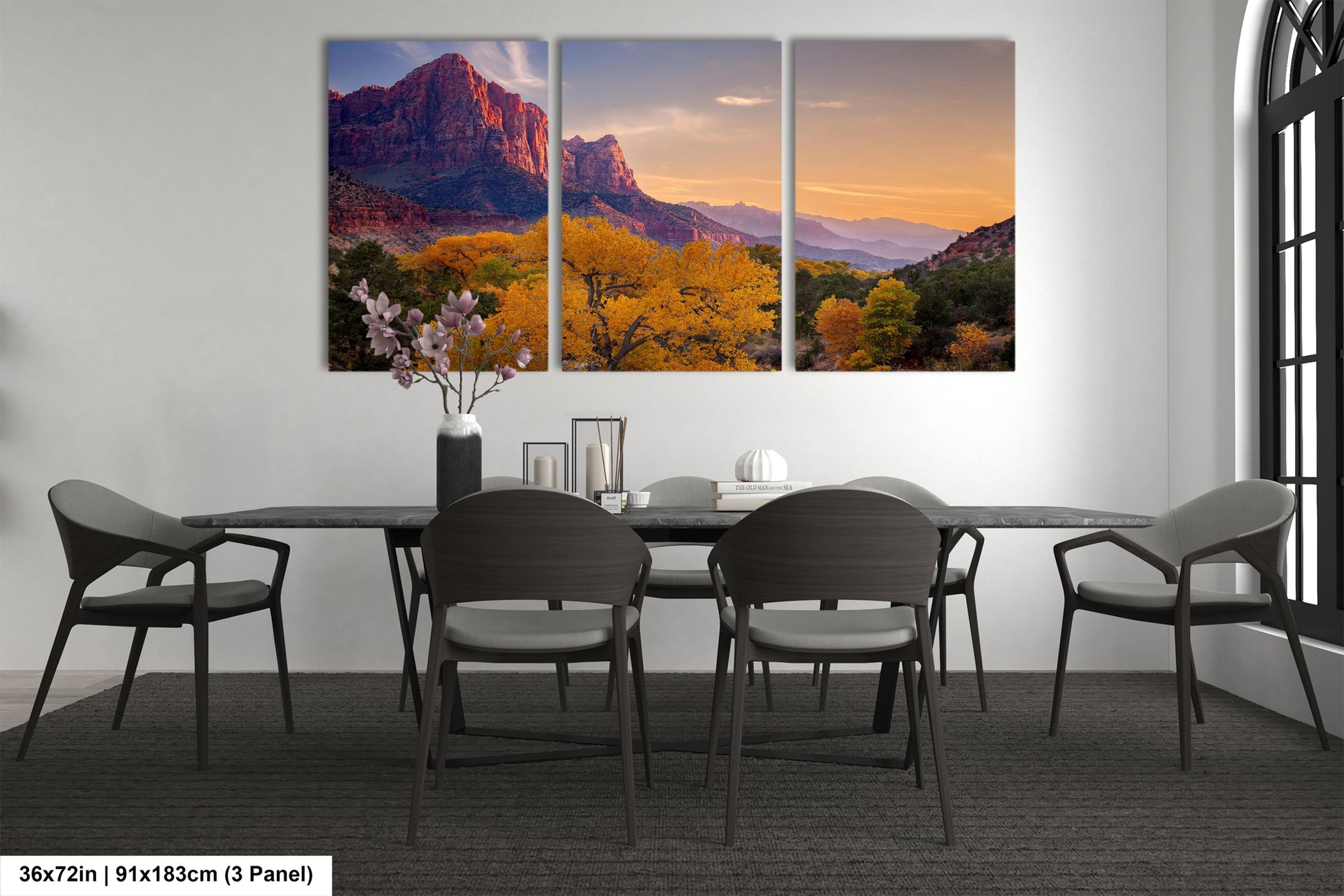 a dining room with a table and chairs