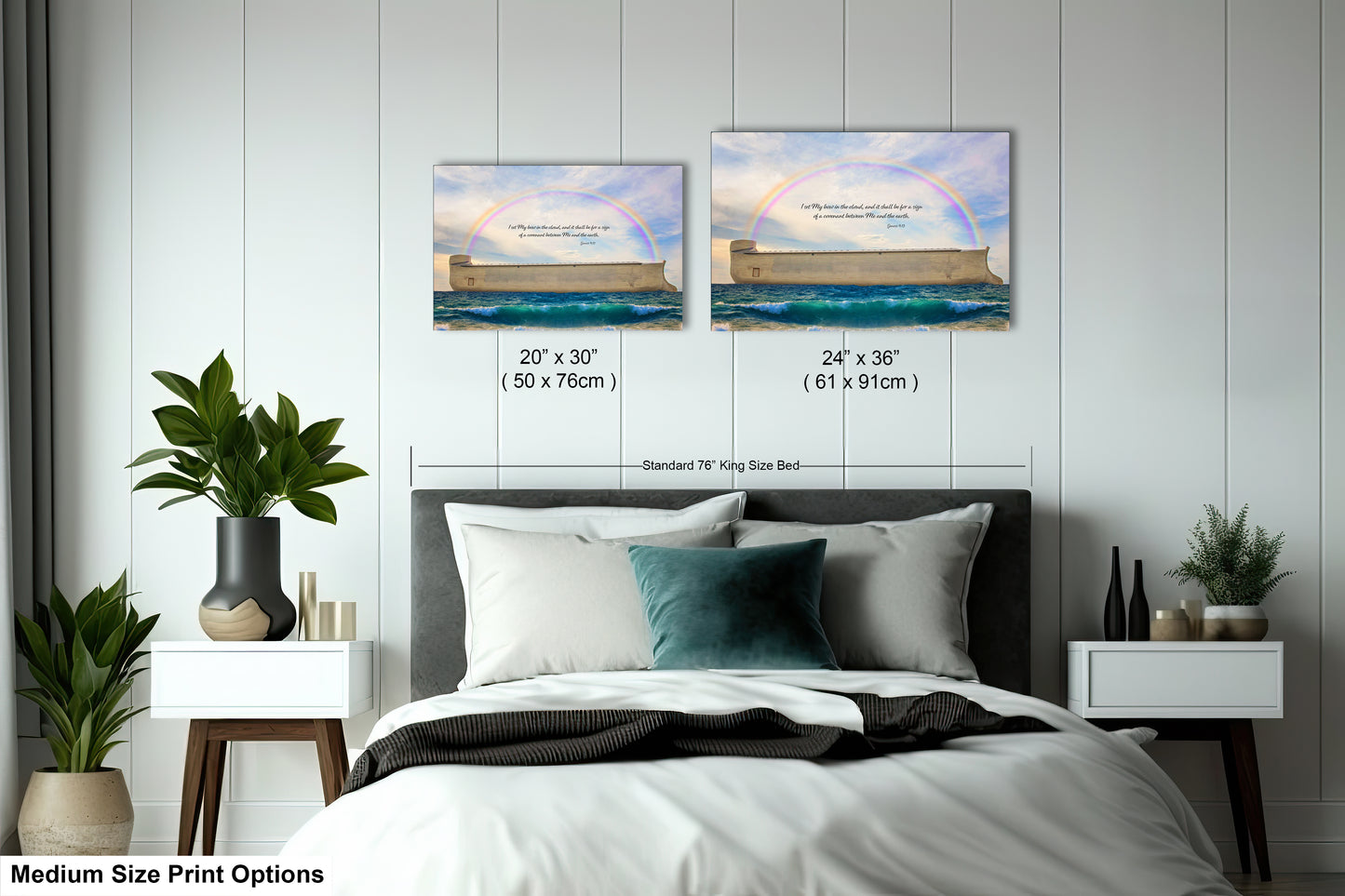 a bedroom with a bed and two paintings on the wall