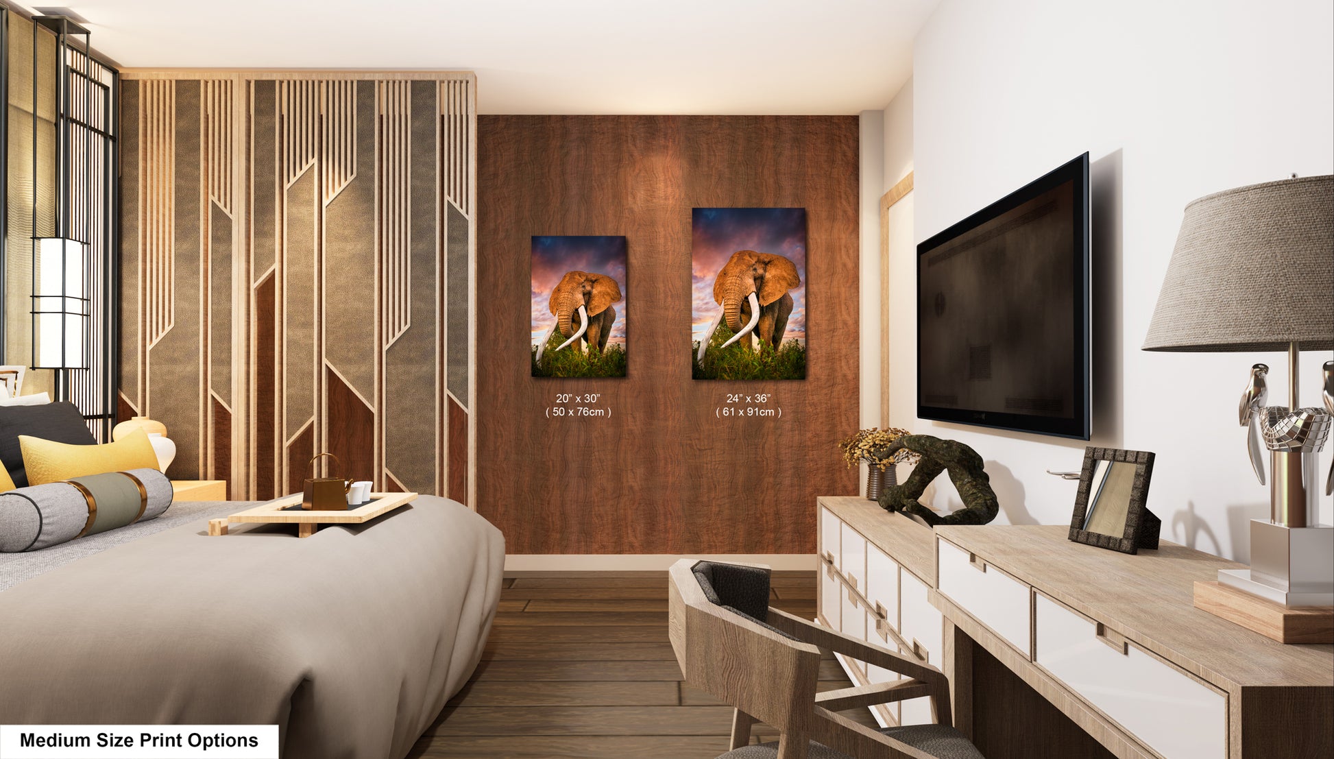 a bed room with a neatly made bed and a flat screen tv