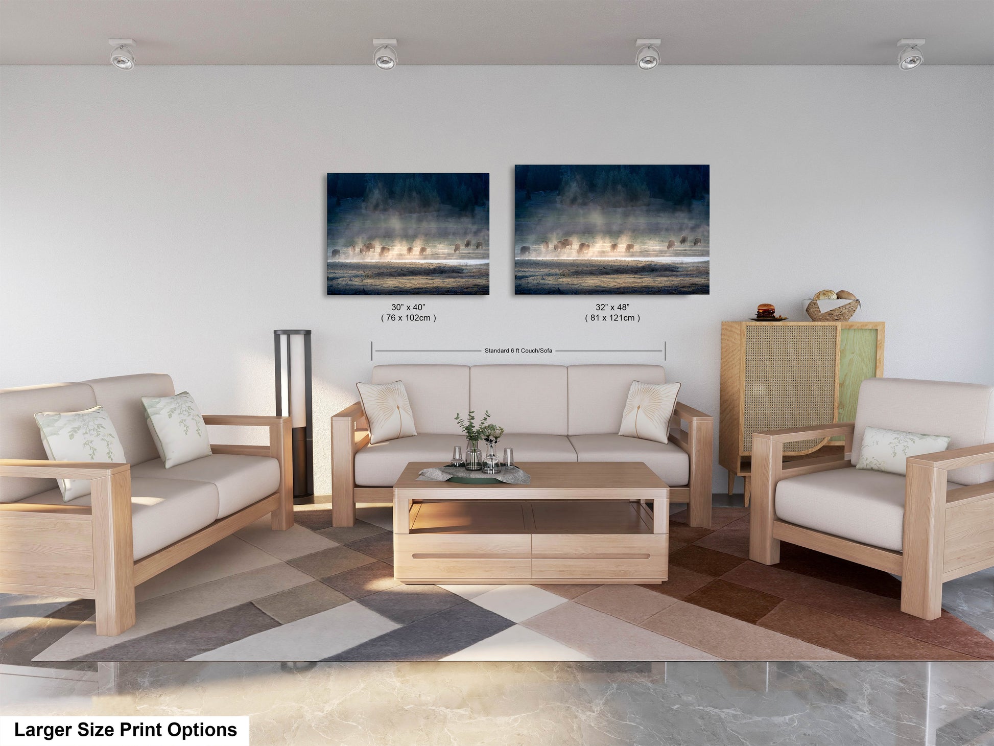 a living room filled with furniture and a painting on the wall