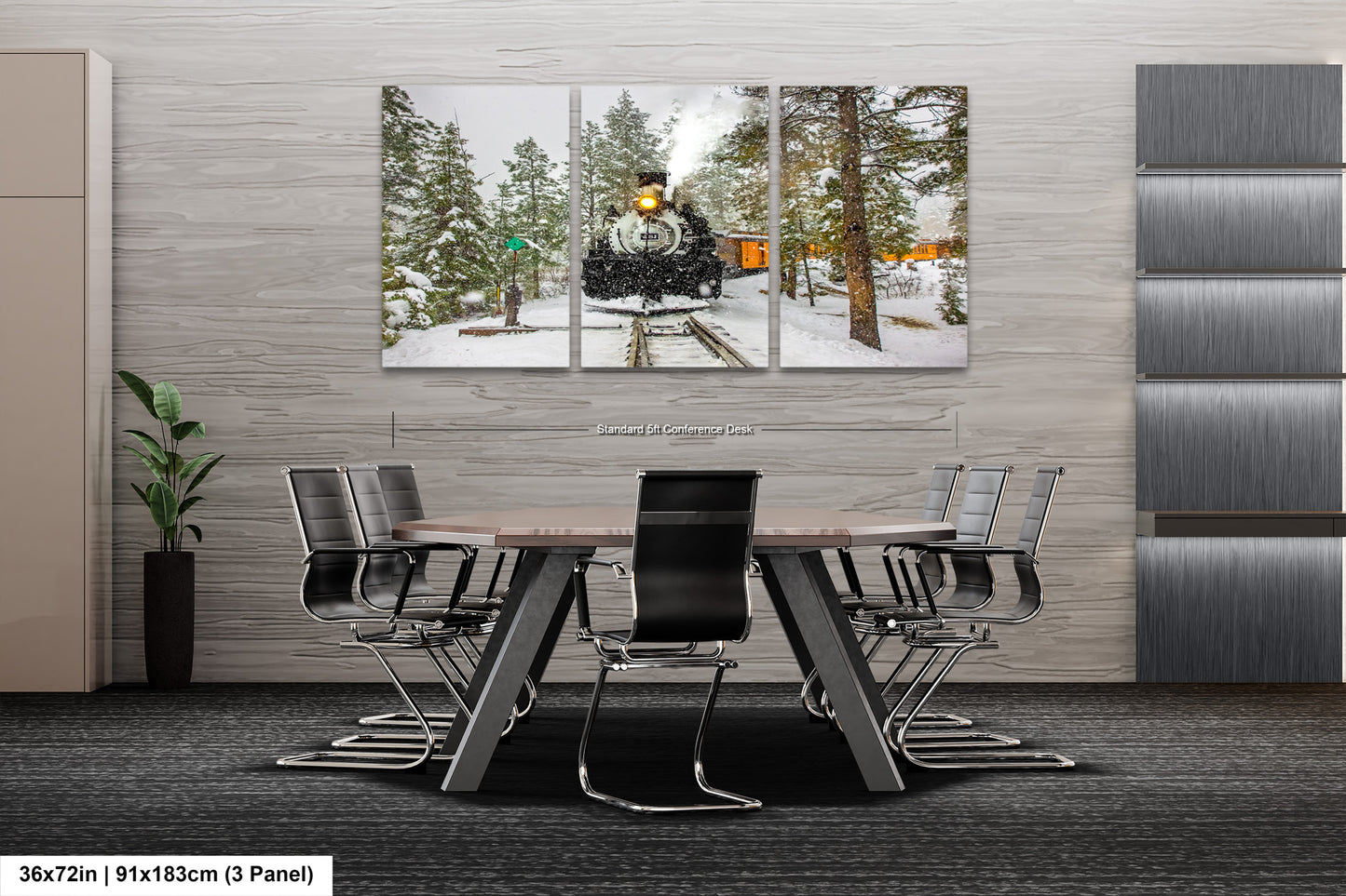a dining room table with chairs and a painting of a train on the wall