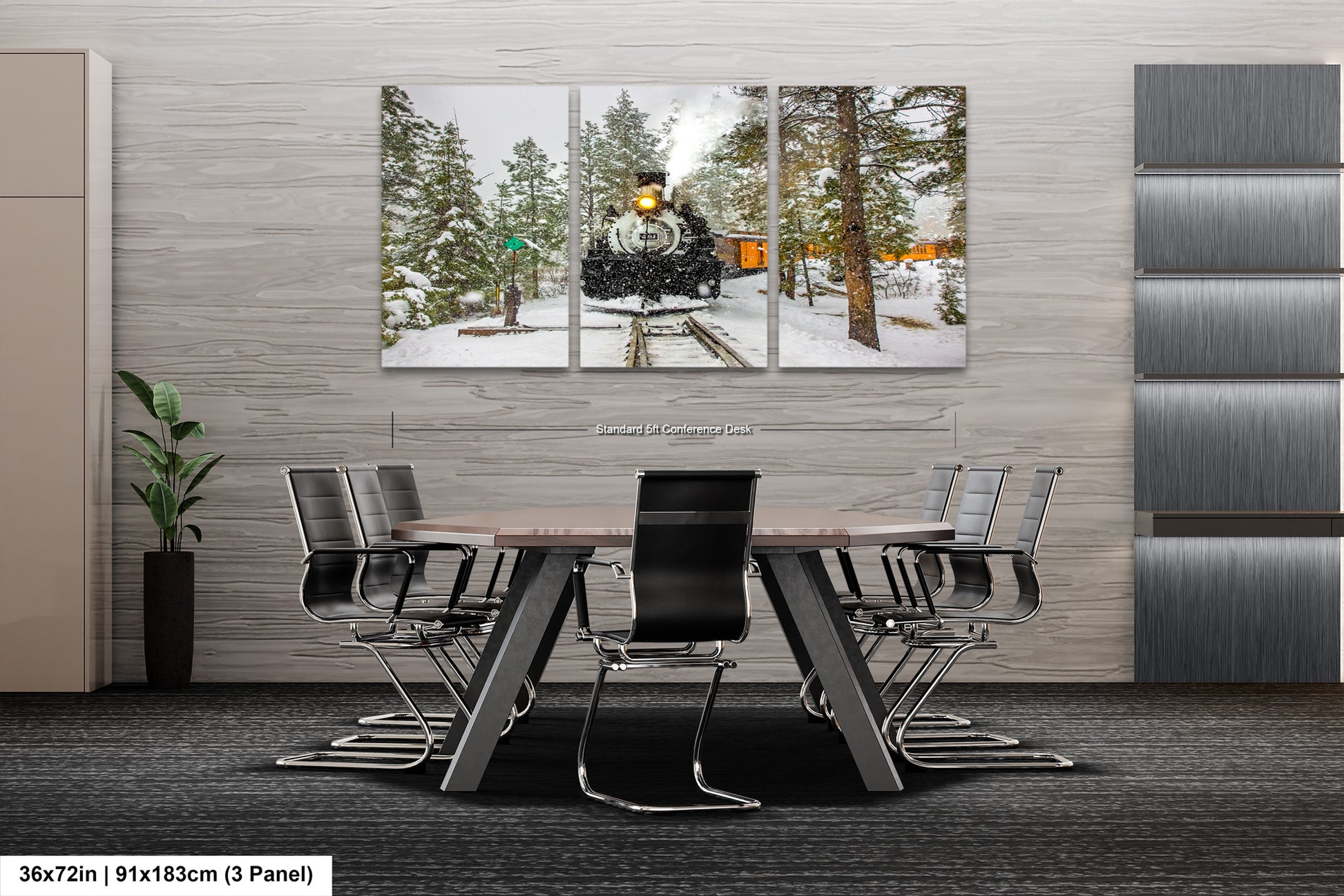 a dining room table with chairs and a painting of a train on the wall