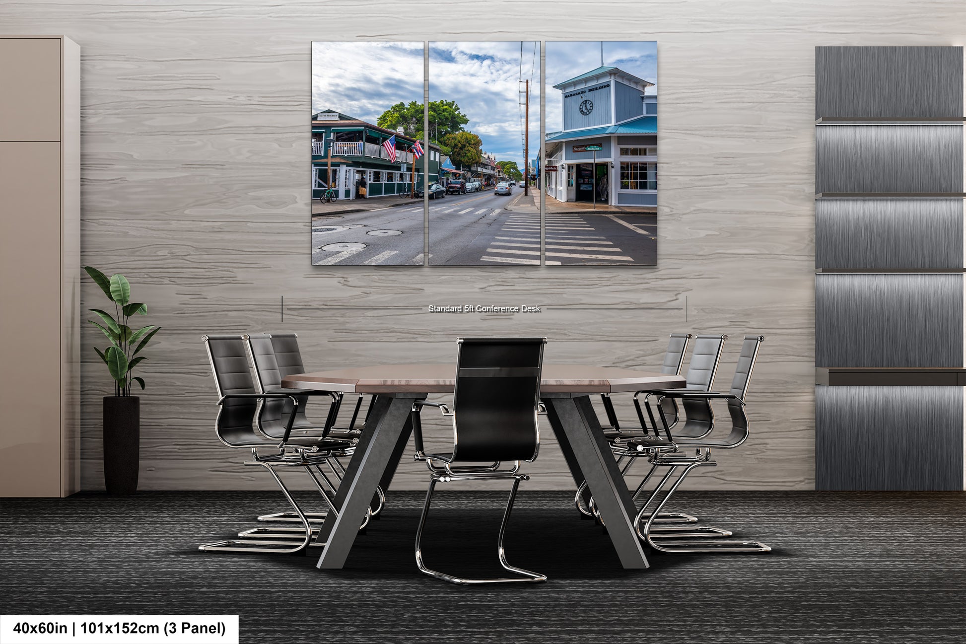 a dining room table with chairs and a picture of a street