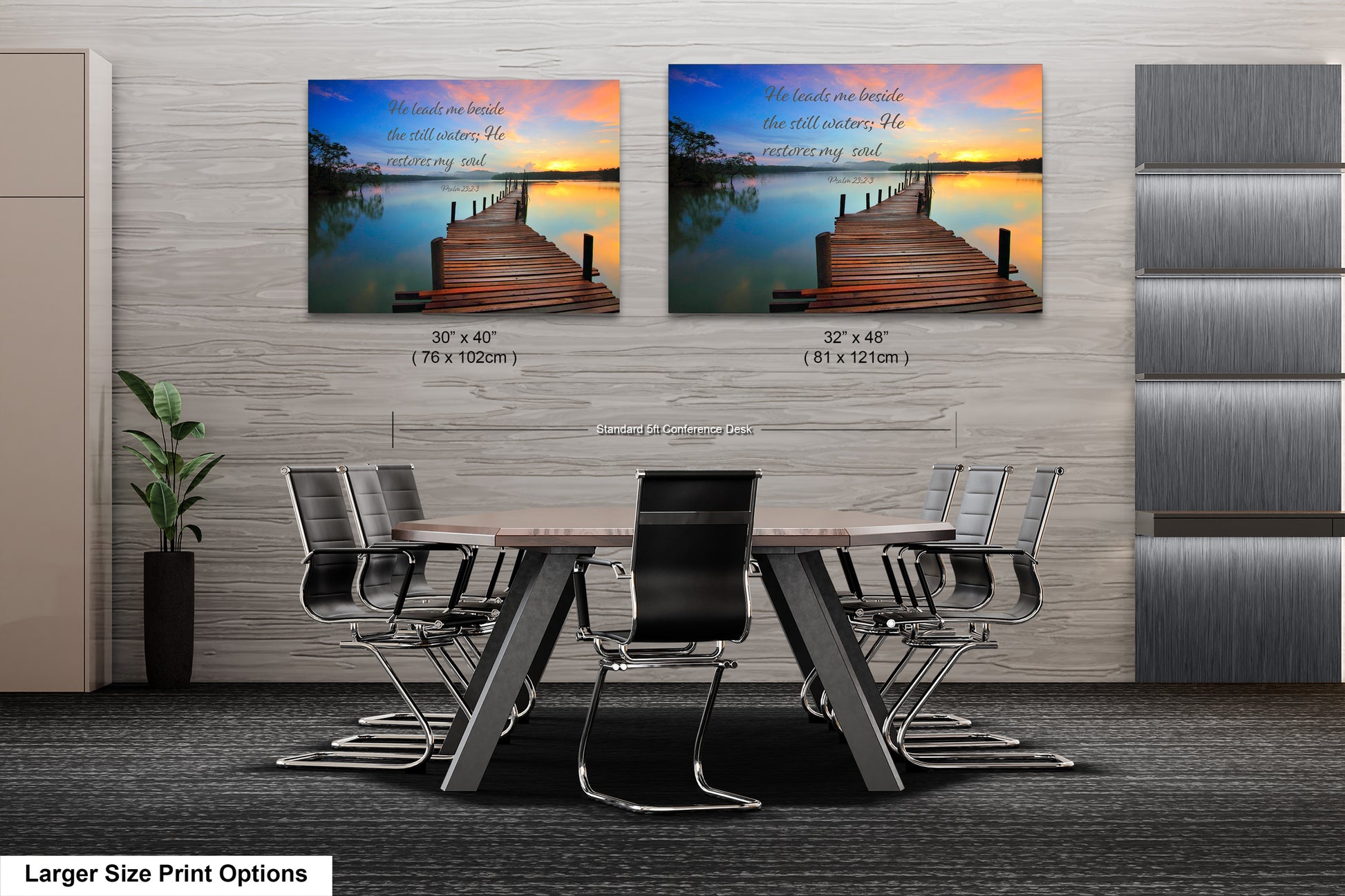 a dining room table with chairs and two pictures on the wall