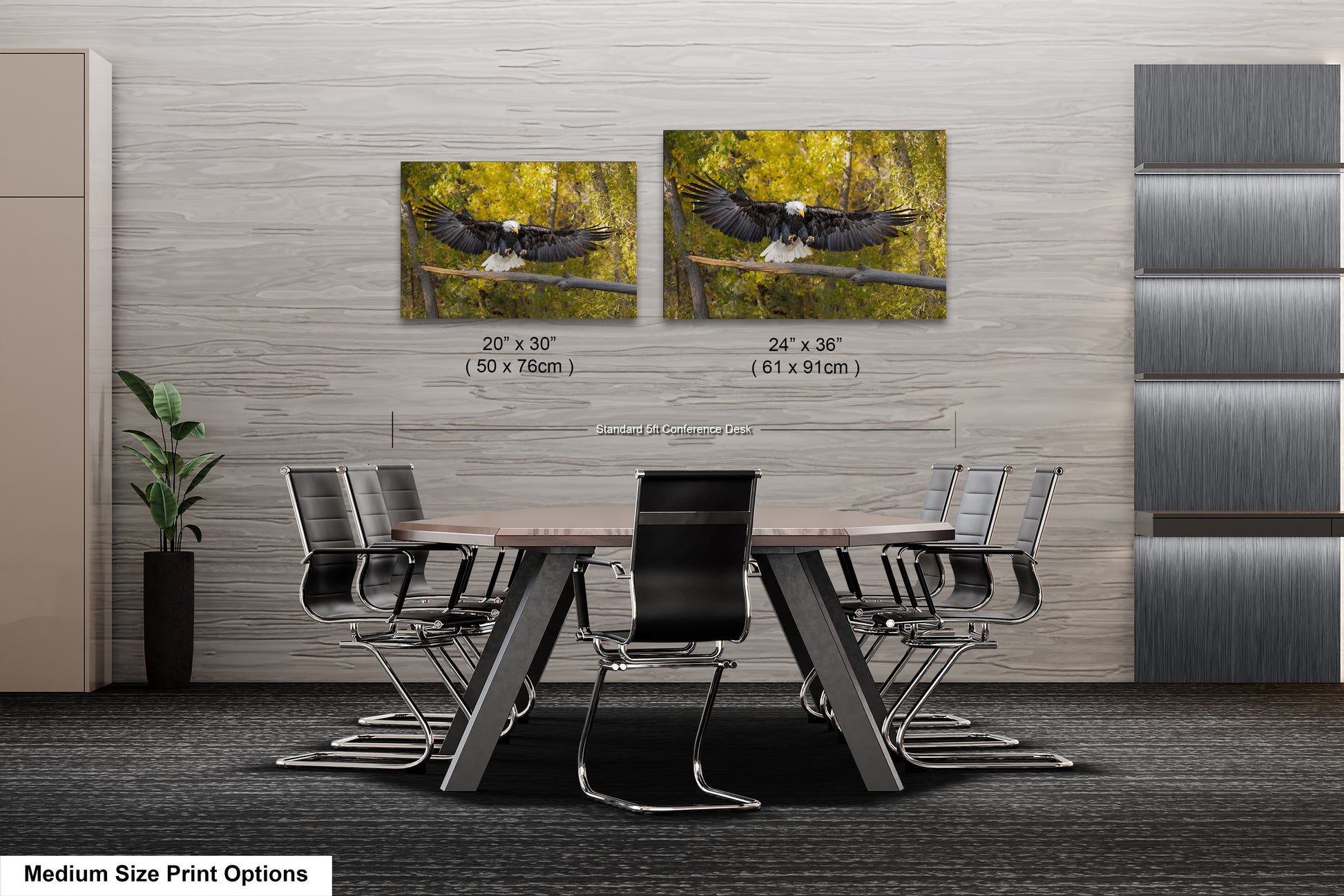 a dining room table with chairs and two pictures on the wall