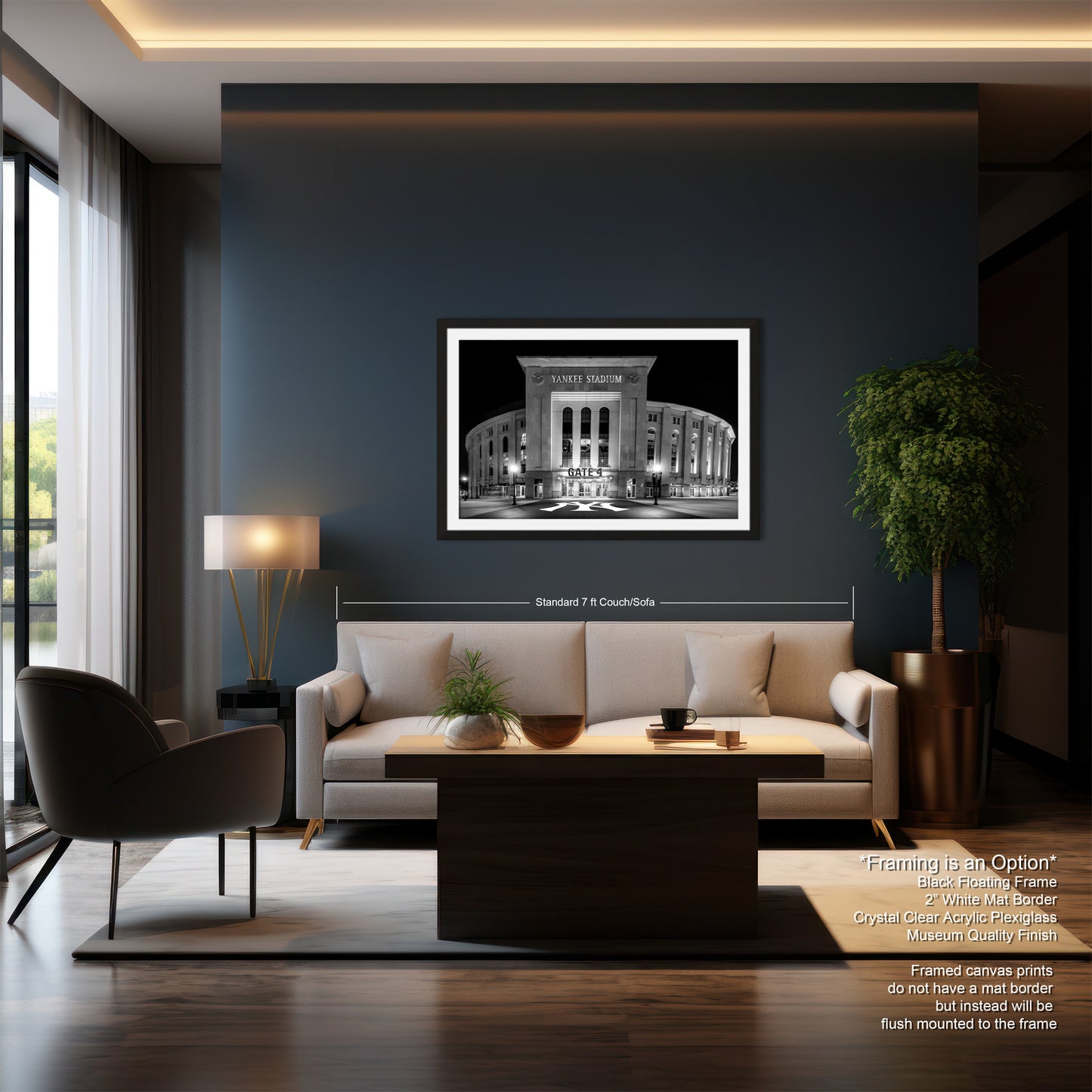 a modern living room with a large black and white photograph of a building on the wall, a white sofa, a wooden coffee table, and a large window.