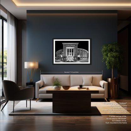 a modern living room with a large black and white photograph of a building on the wall, a white sofa, a wooden coffee table, and a large window.