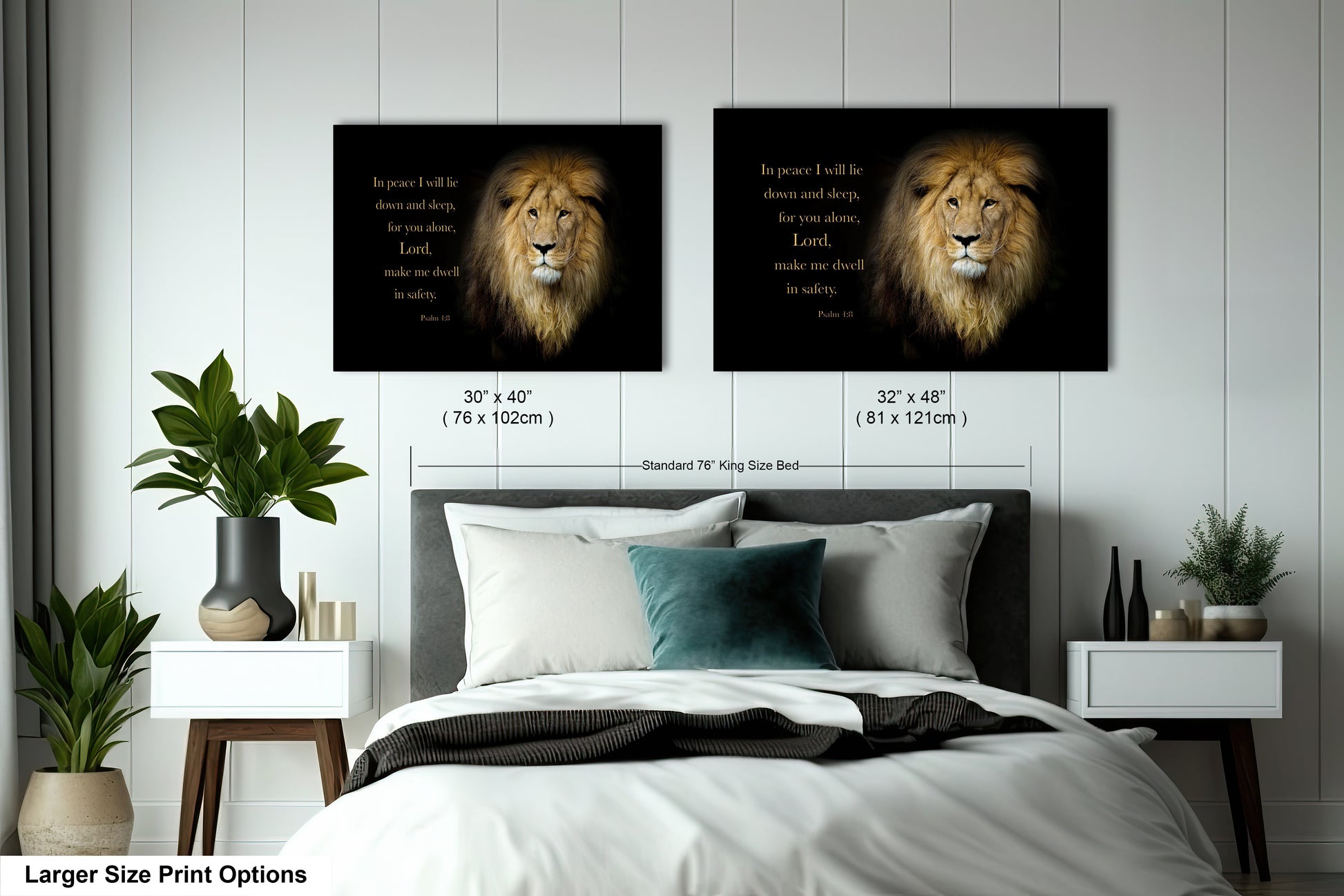 a bedroom with two pictures of lions on the wall