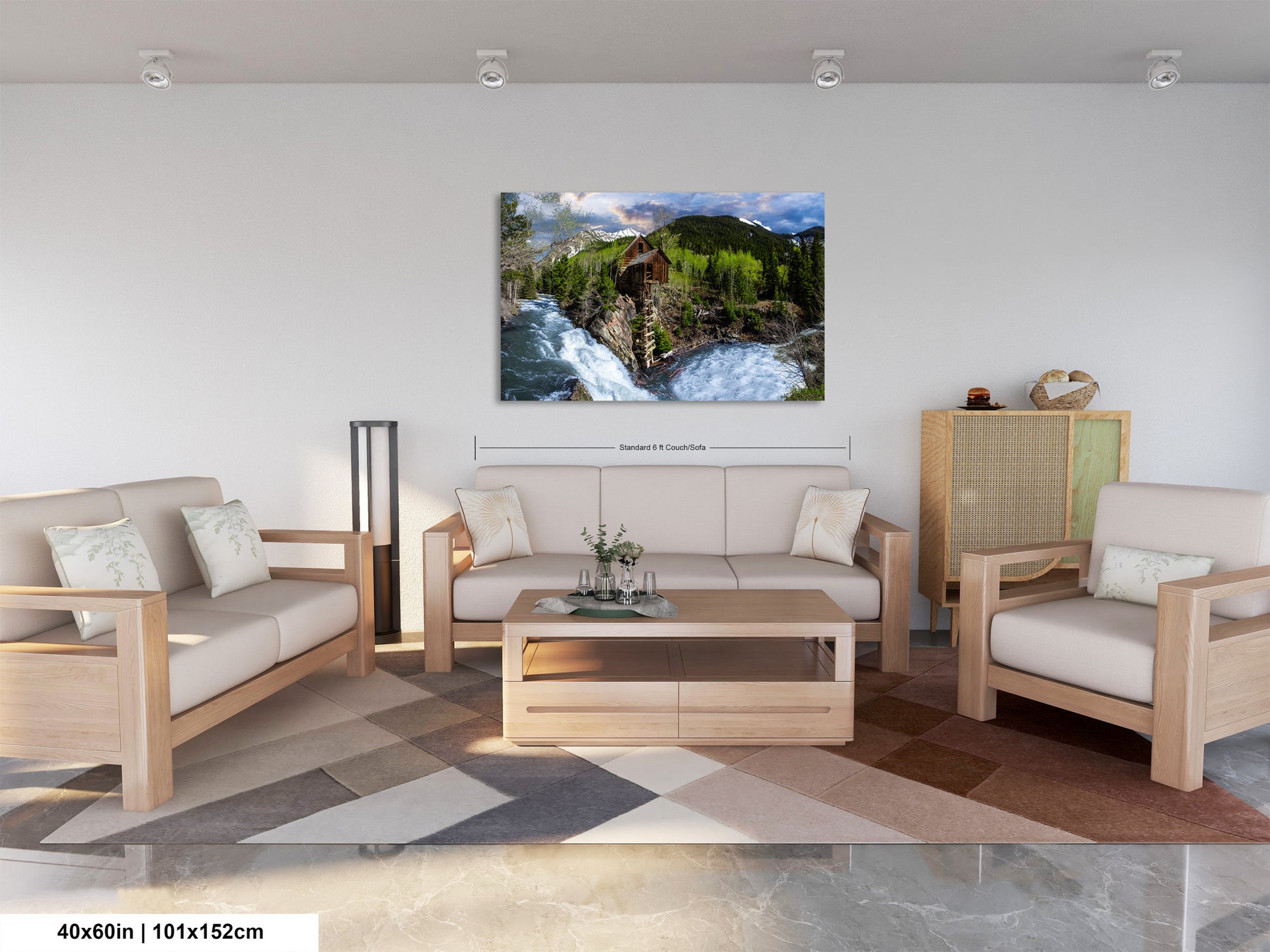 a living room filled with furniture and a painting on the wall