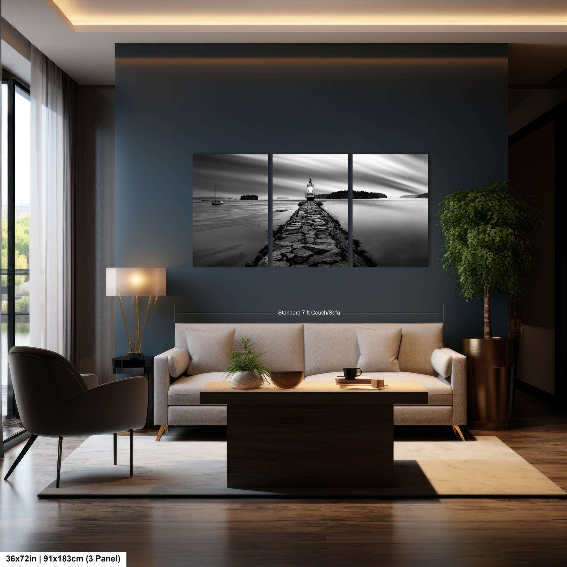 a living room with a couch a table and a painting