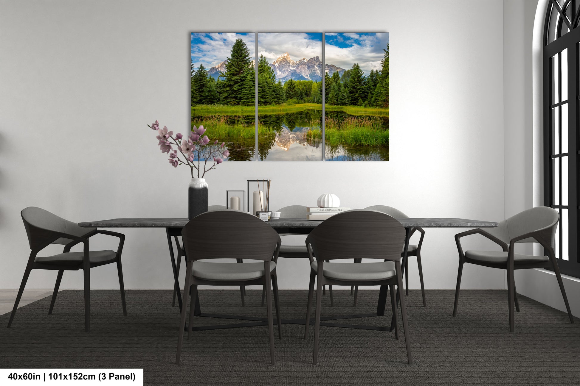 a dining room with a table and chairs