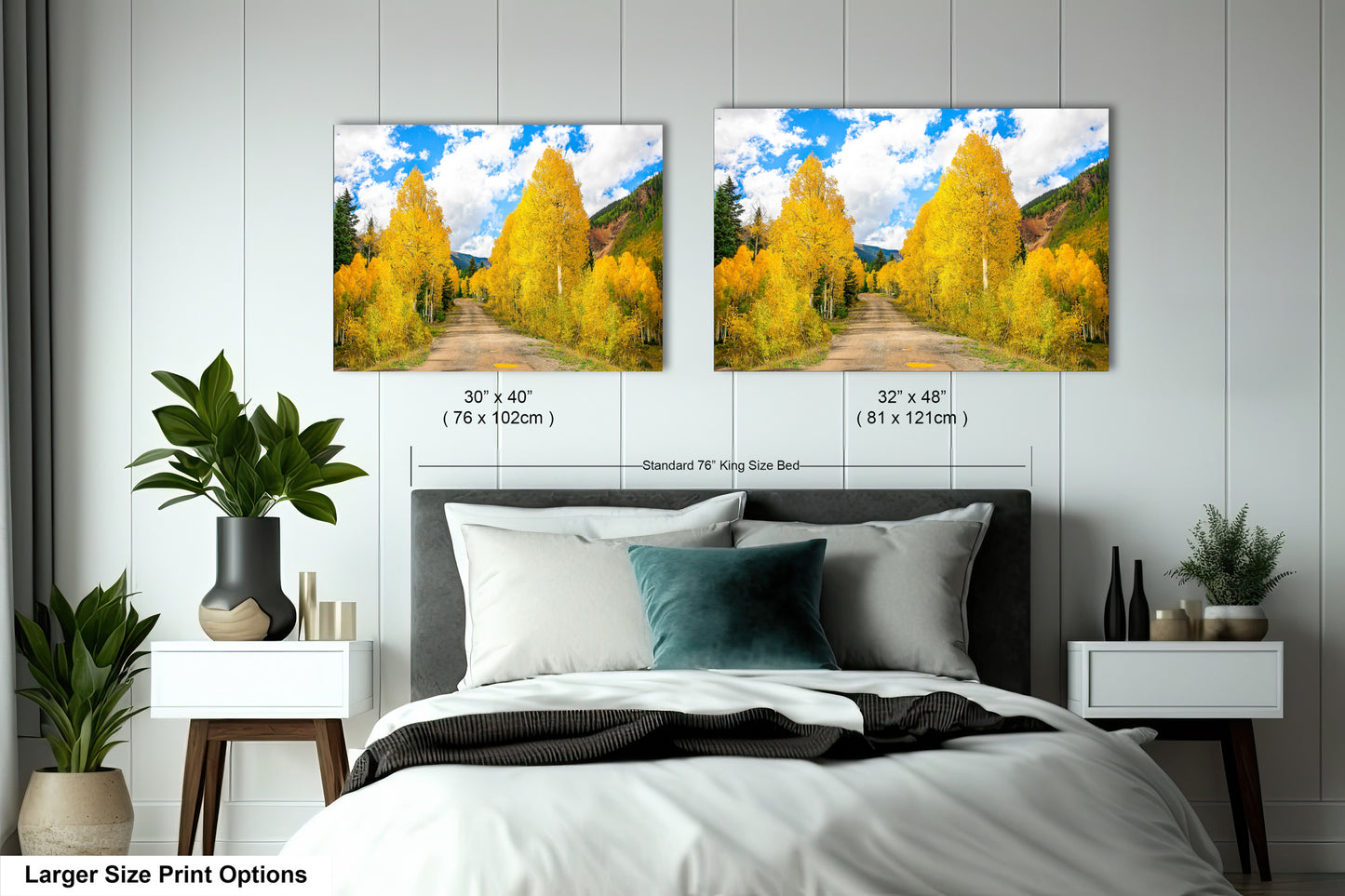 a bed room with a neatly made bed and two pictures on the wall