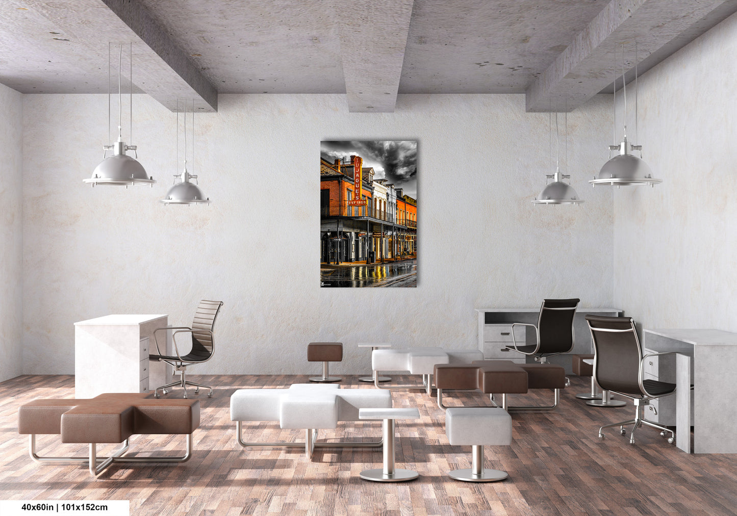 a room filled with lots of furniture and a painting on the wall