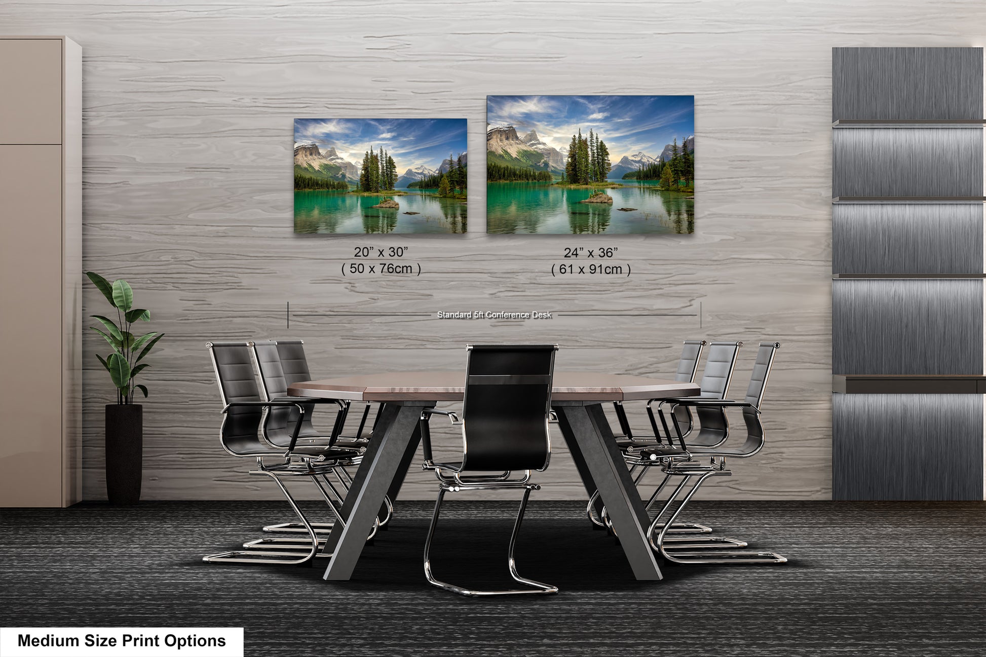 a dining room table with chairs and a picture of a lake