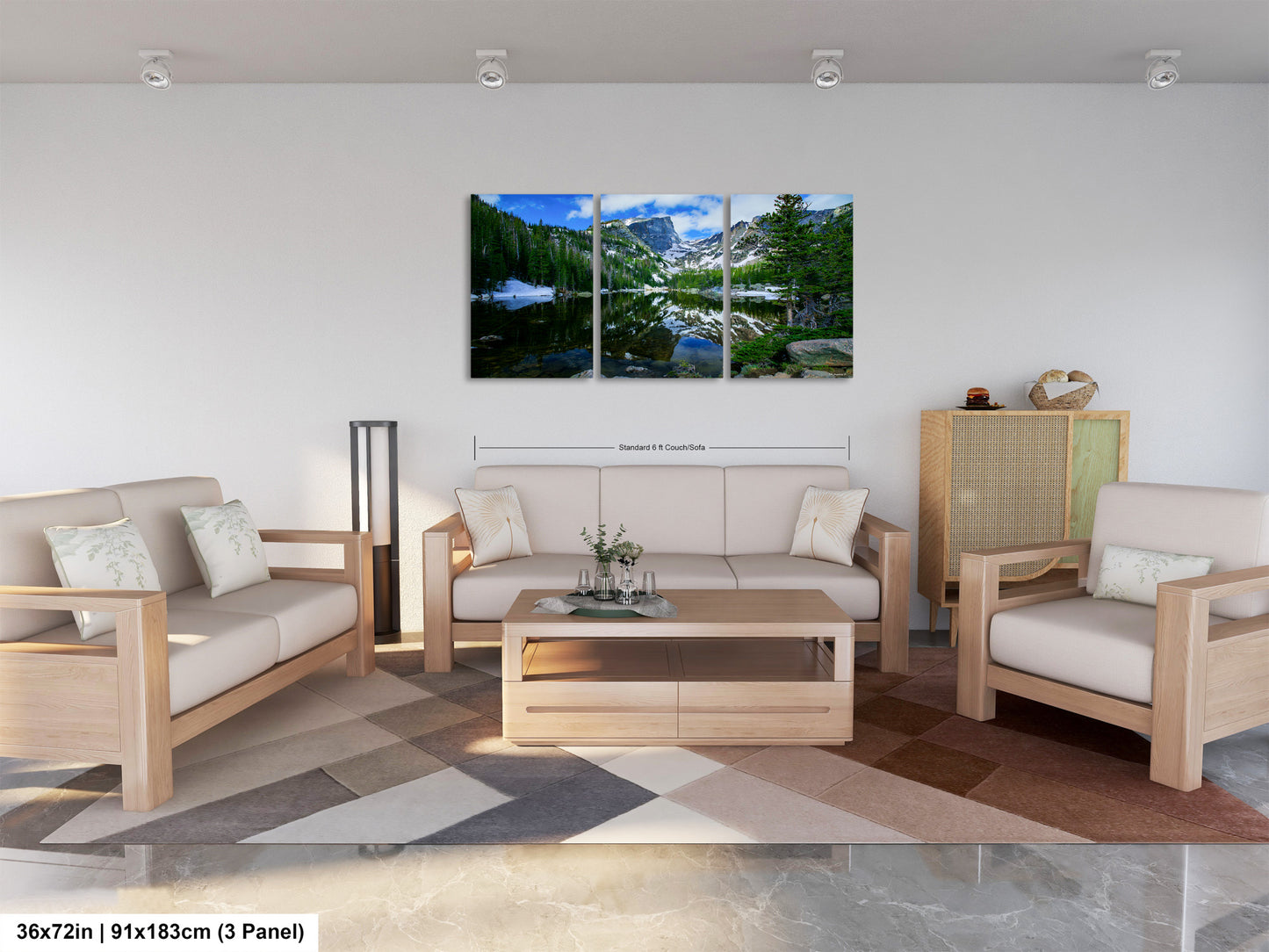a living room filled with furniture and a painting on the wall