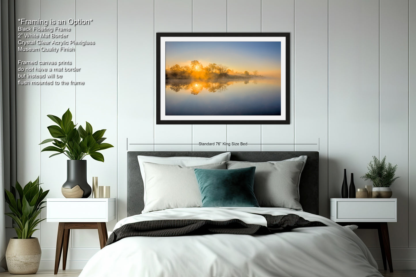 a bedroom with a bed and a picture hanging above it