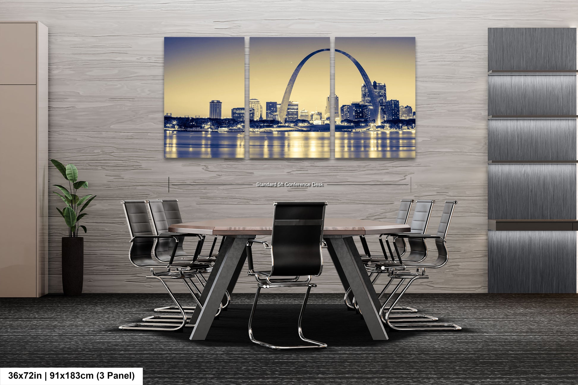a dining room table with a view of the st louis skyline