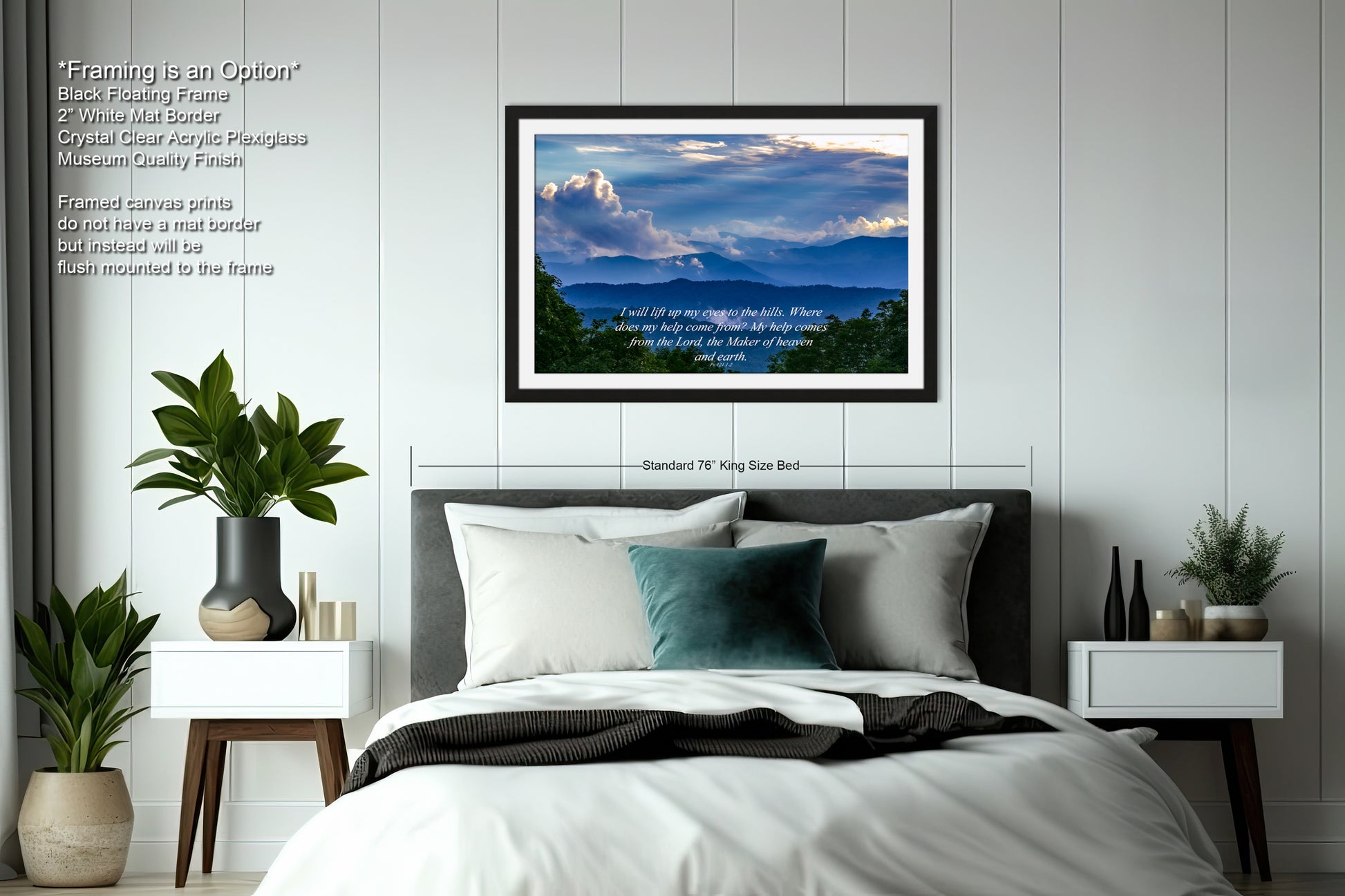 a bedroom with a large bed and a picture on the wall